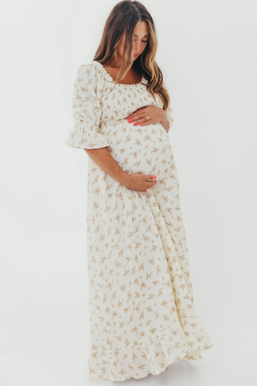 Sienna 100% Cotton Puff Sleeve Maxi Dress in Cream - Bump Friendly Mature Glam Matte Look
