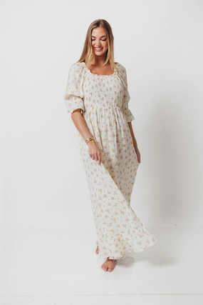 Sienna 100% Cotton Puff Sleeve Maxi Dress in Cream - Bump Friendly Relax Cut Sleeveless Cut