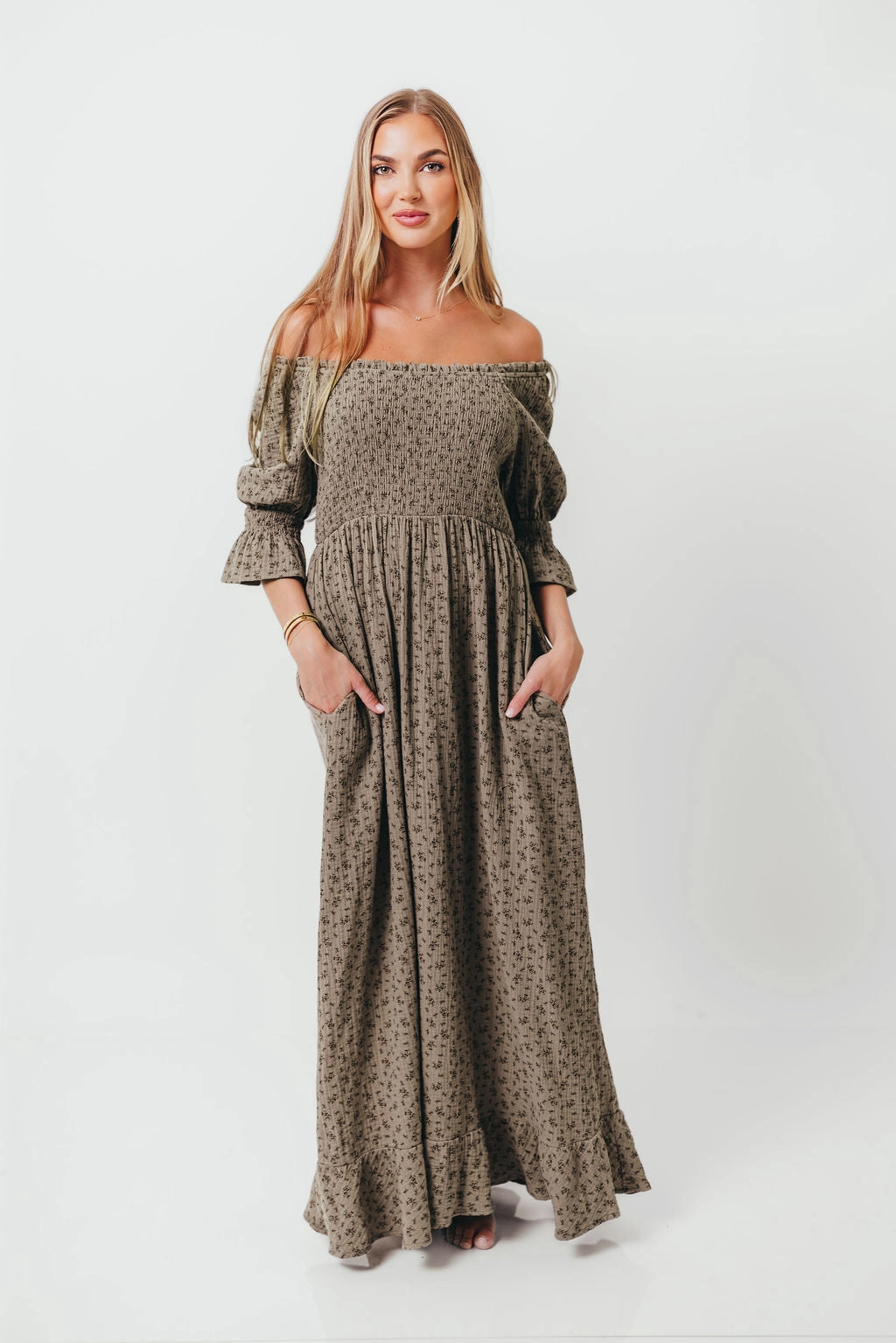 Classic Movement Sienna 100% Cotton Puff Sleeve Maxi Dress in Olive Foliage - Bump Friendly *9/26 PRE-ORDER*