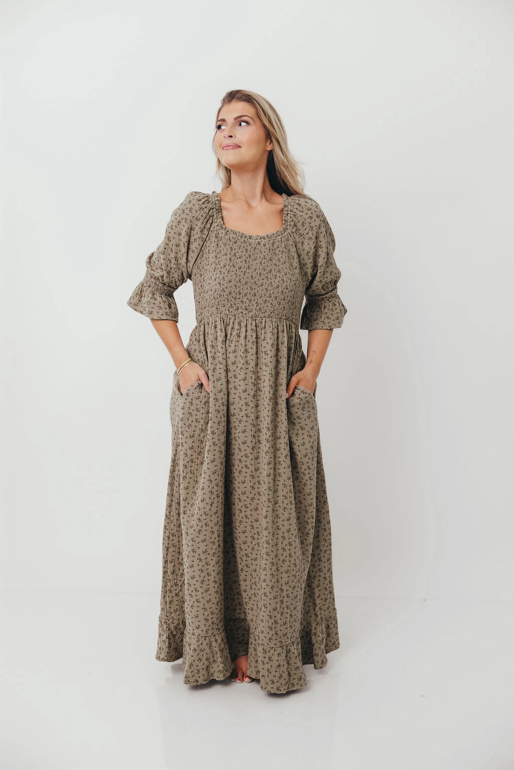 Insulating-Lining Grace Base Sienna 100% Cotton Puff Sleeve Maxi Dress in Olive Foliage - Bump Friendly *9/26 PRE-ORDER*