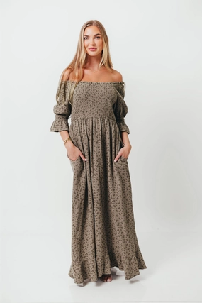 Classic Movement Sienna 100% Cotton Puff Sleeve Maxi Dress in Olive Foliage - Bump Friendly *9/26 PRE-ORDER*