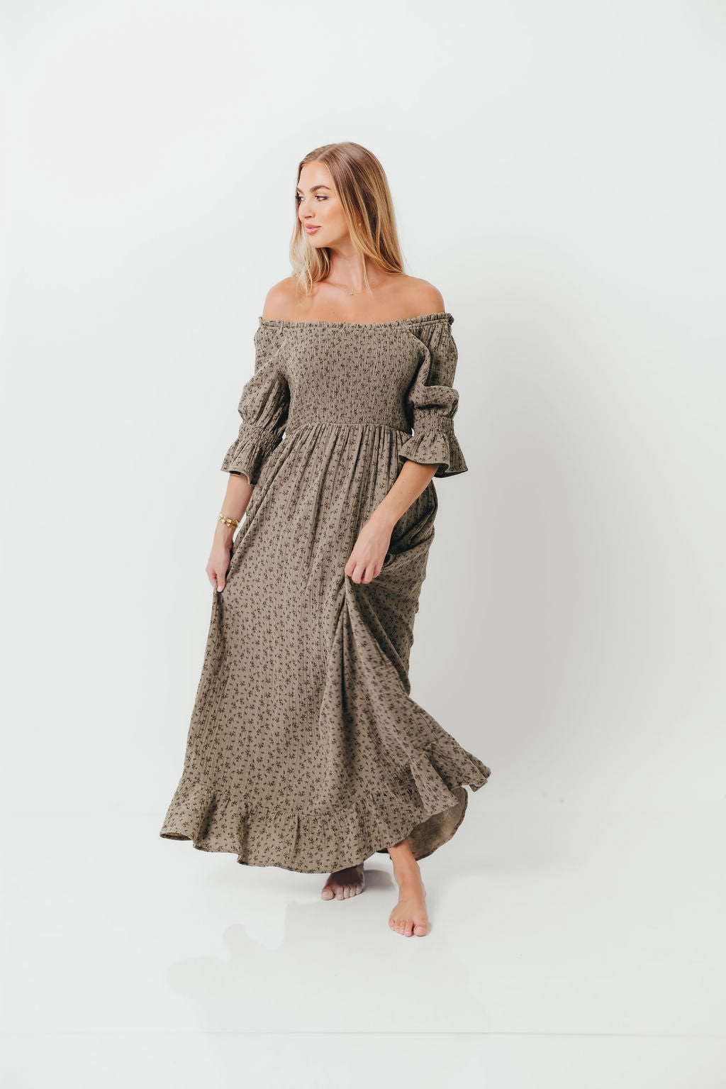 Sienna 100% Cotton Puff Sleeve Maxi Dress in Olive Foliage - Bump Friendly *9/26 PRE-ORDER* Vintage-Inspired