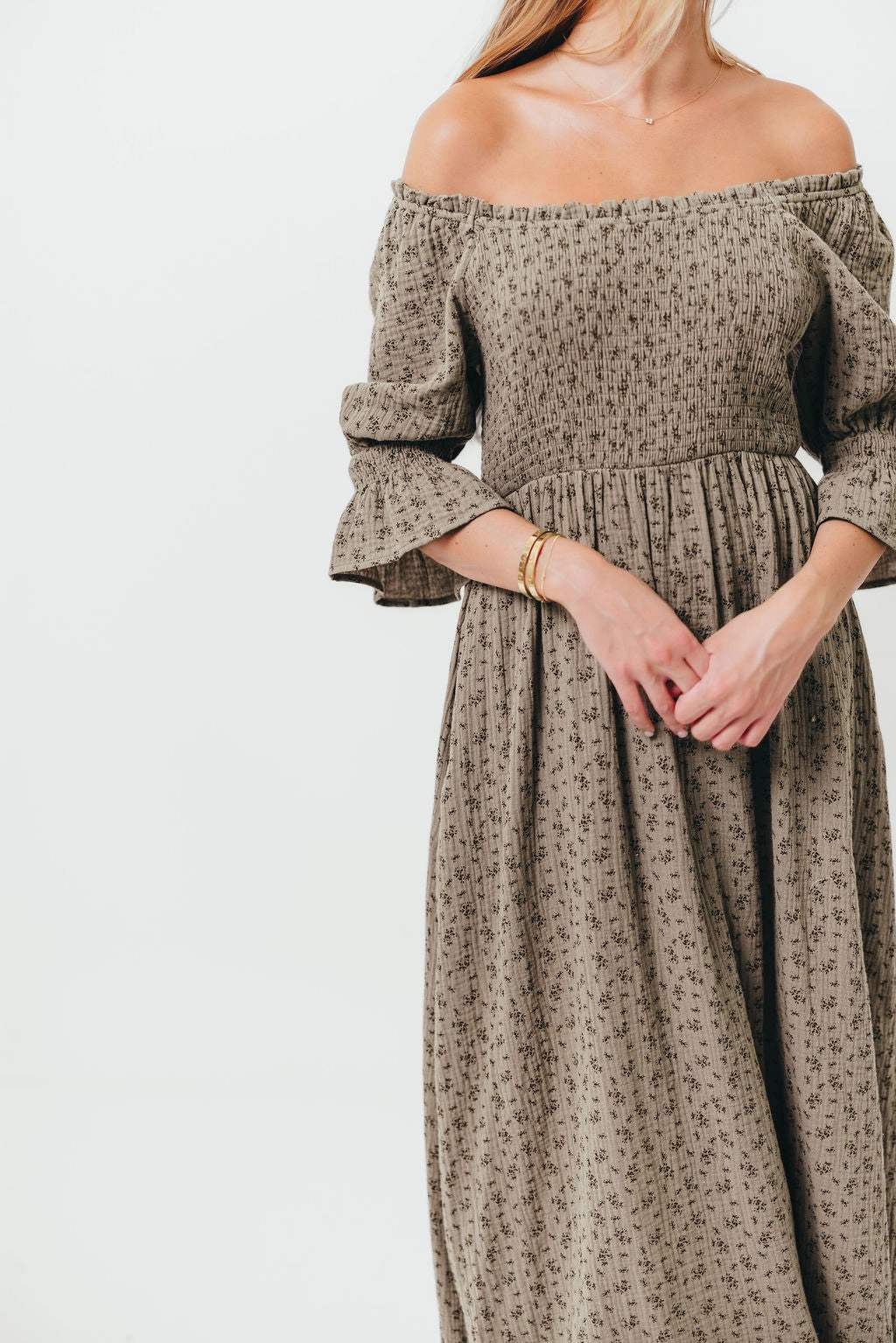 Sienna 100% Cotton Puff Sleeve Maxi Dress in Olive Foliage - Bump Friendly *9/26 PRE-ORDER* Form Fit
