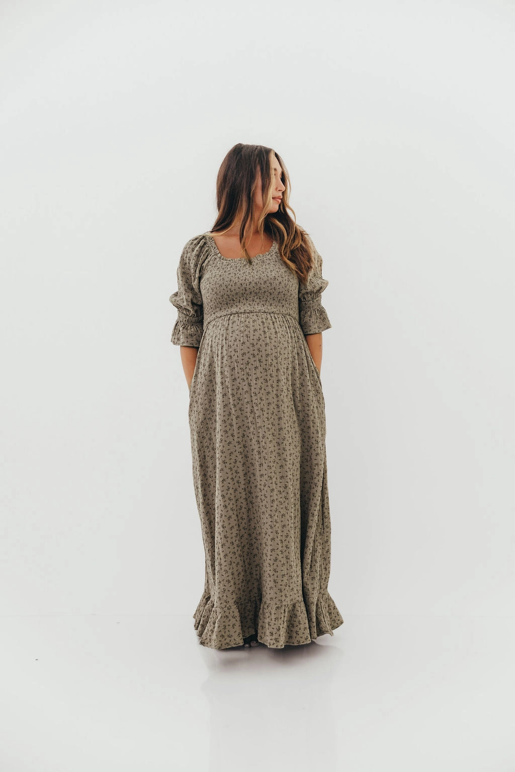 Sienna 100% Cotton Puff Sleeve Maxi Dress in Olive Foliage - Bump Friendly *9/26 PRE-ORDER* Flare Swing Reversible-Style