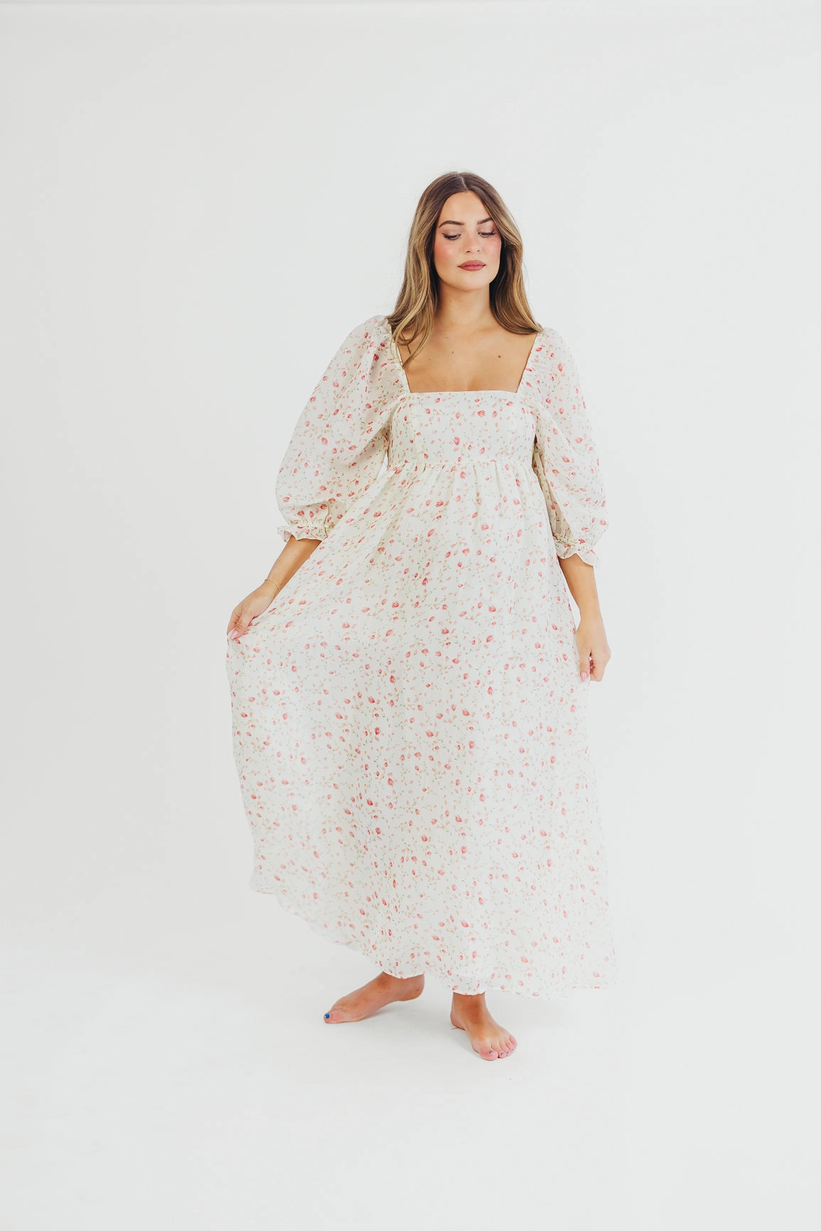 Airy Silk Satin Soft Mona Maxi Dress with Smocking in Ivory Floral - Bump Friendly & Inclusive Sizing (S-2XL)