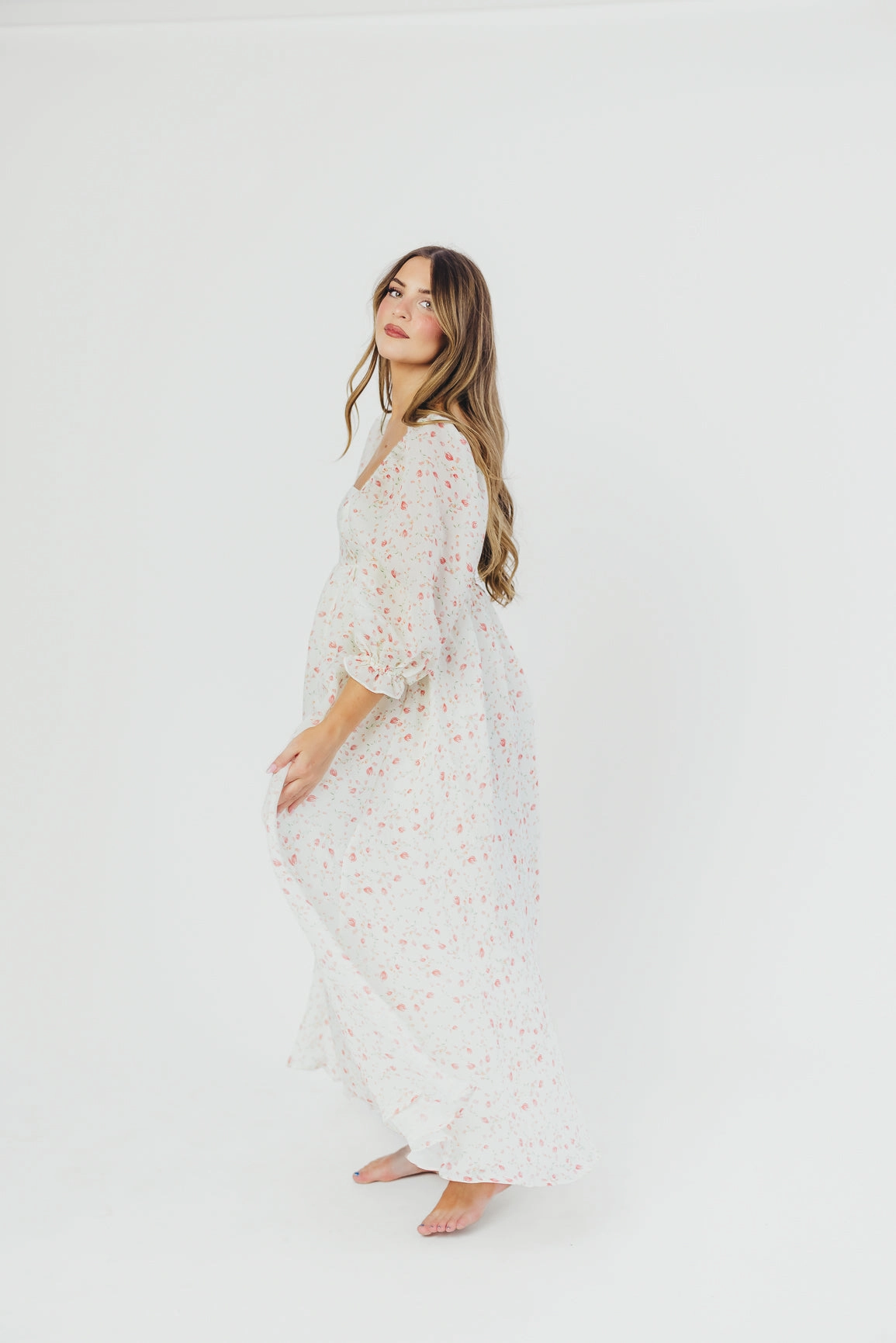 Mona Maxi Dress with Smocking in Ivory Floral - Bump Friendly & Inclusive Sizing (S-2XL) Global Style Crystal-Detail