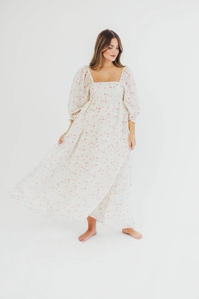 Mona Maxi Dress with Smocking in Ivory Floral - Bump Friendly & Inclusive Sizing (S-2XL) Easy Pretty