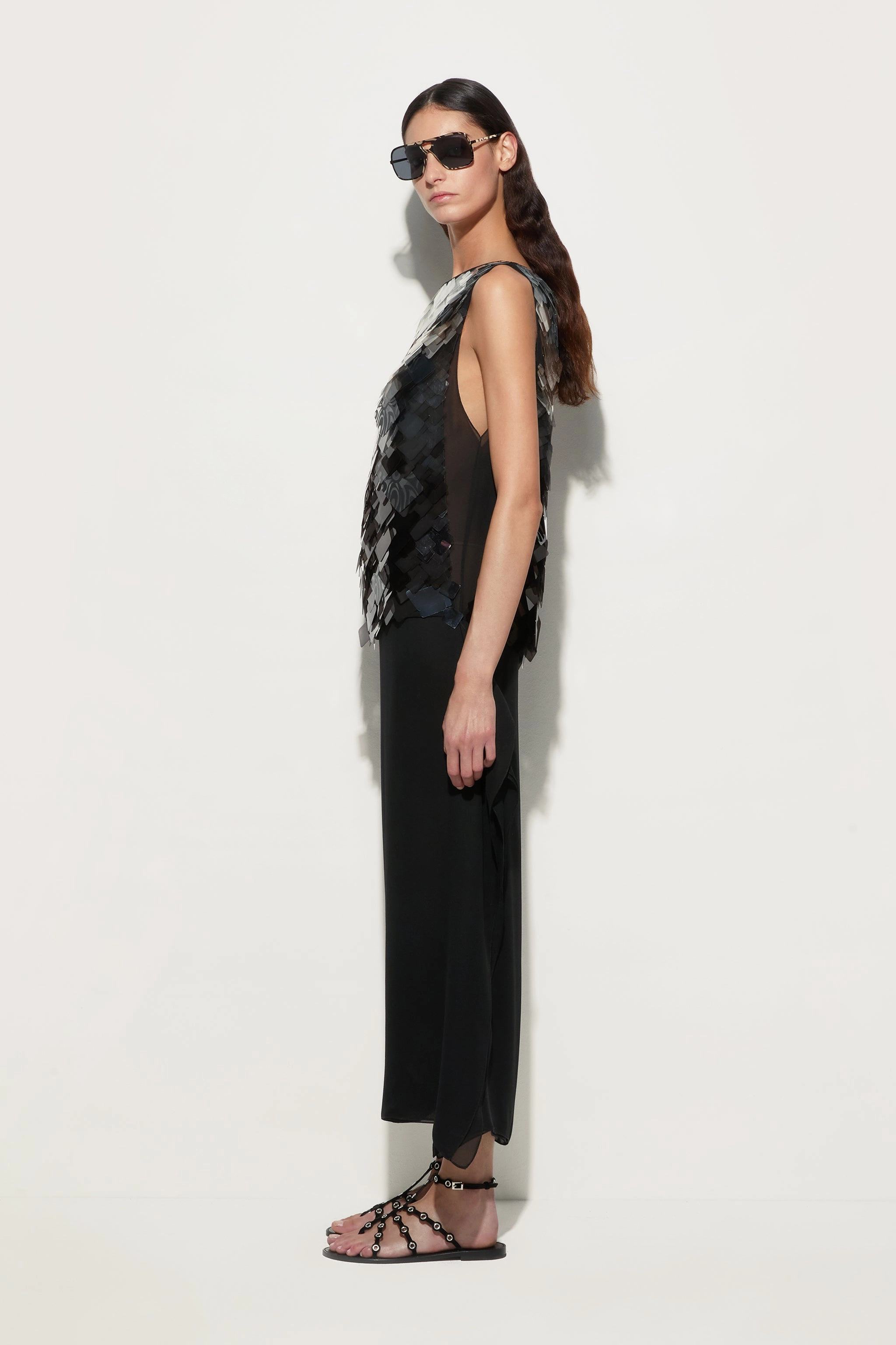 Silk Long Dress With Sequins High Cut