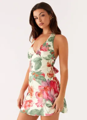 Slim Silhouette Heavy Hearted Mini Dress - Yellow Floral