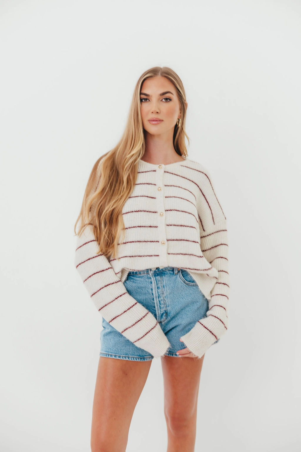 Bellevue Cardigan Top in Cream Burgundy Relaxed Neckline Flex Knit Ribbing