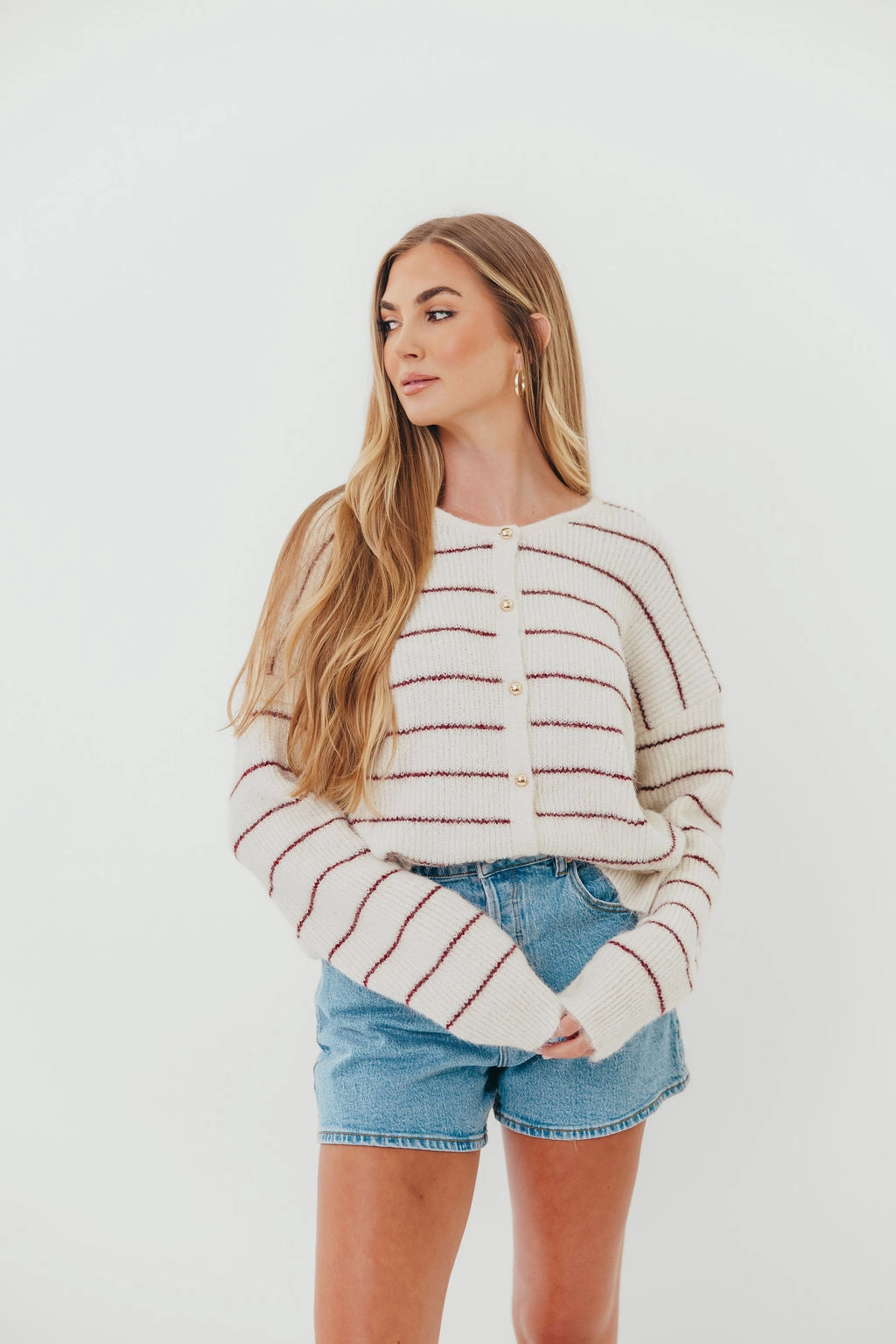 Bellevue Cardigan Top in Cream Burgundy All-Season Comfort