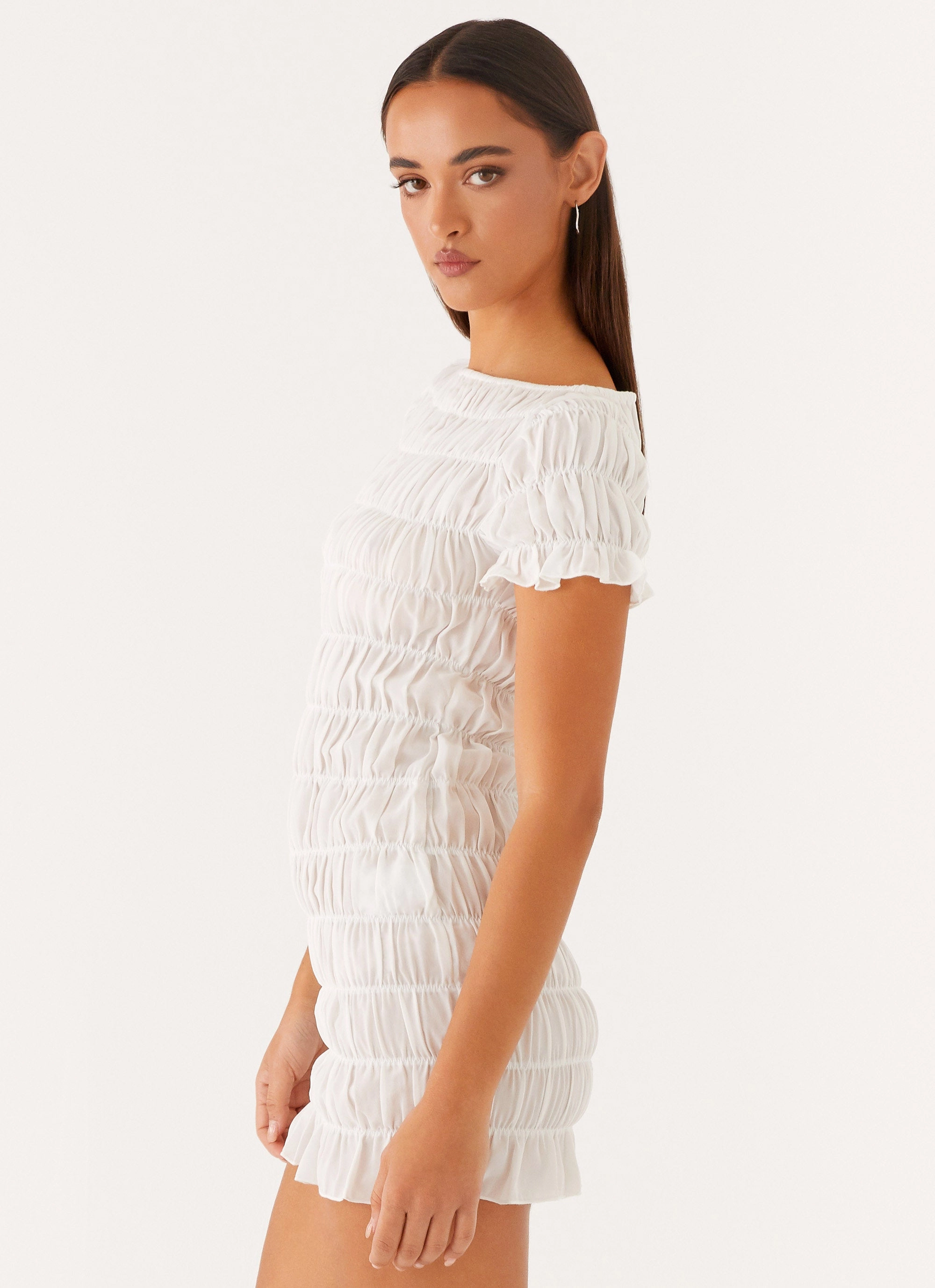 Rita Ruched Mini Dress - White Relax Mode Minimal Tone