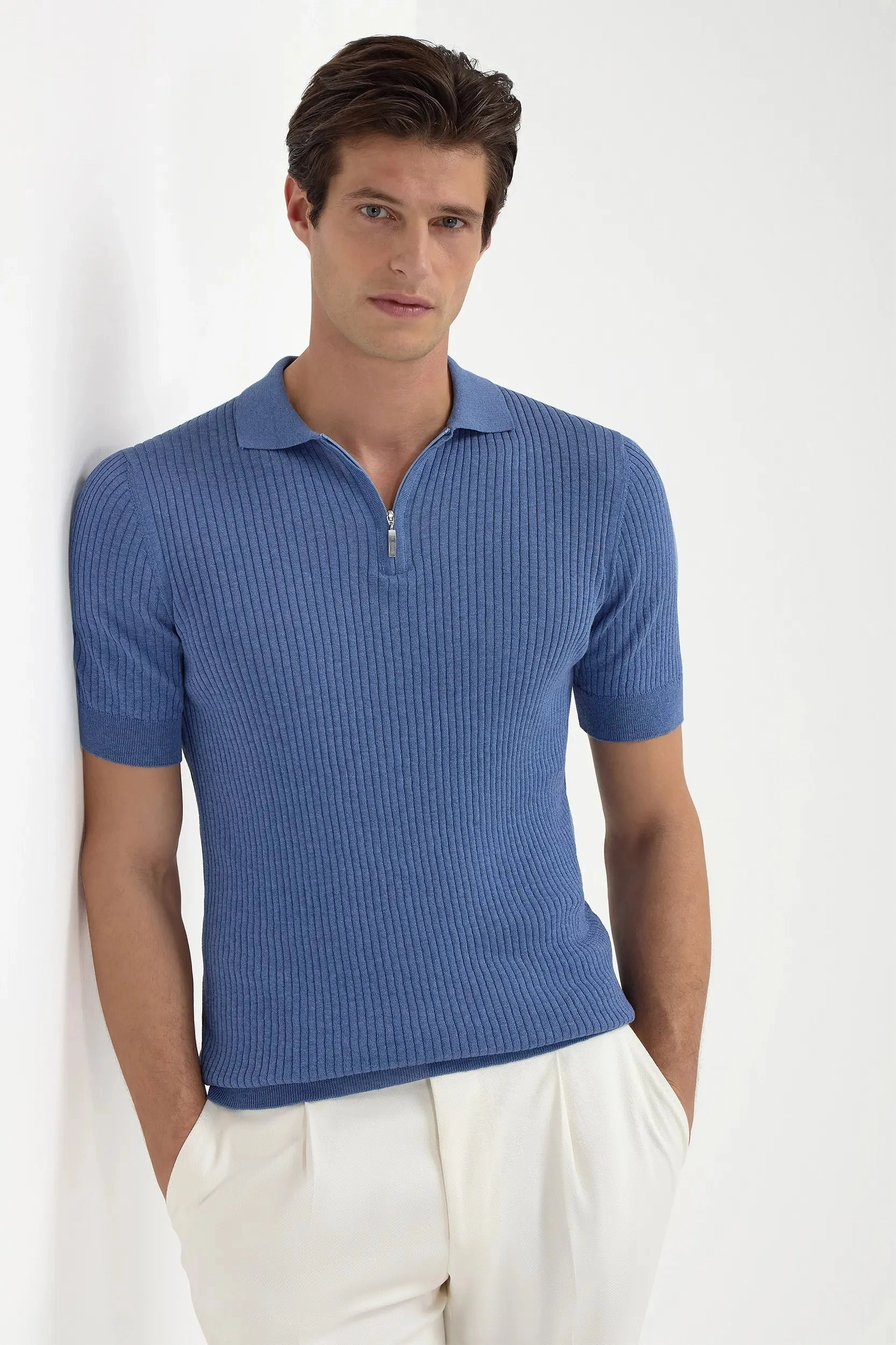 Sky blue thin rib zipped polo - Made in Italy Contrast Stitch