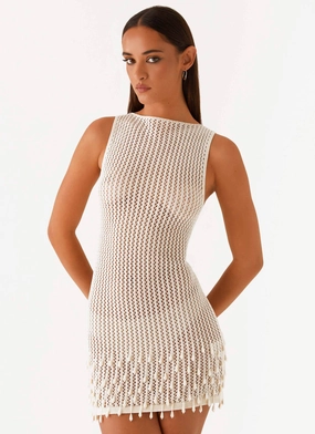 Dropped-Waist Smile Feel Miracle Beaded Crochet Mini Dress - Ivory