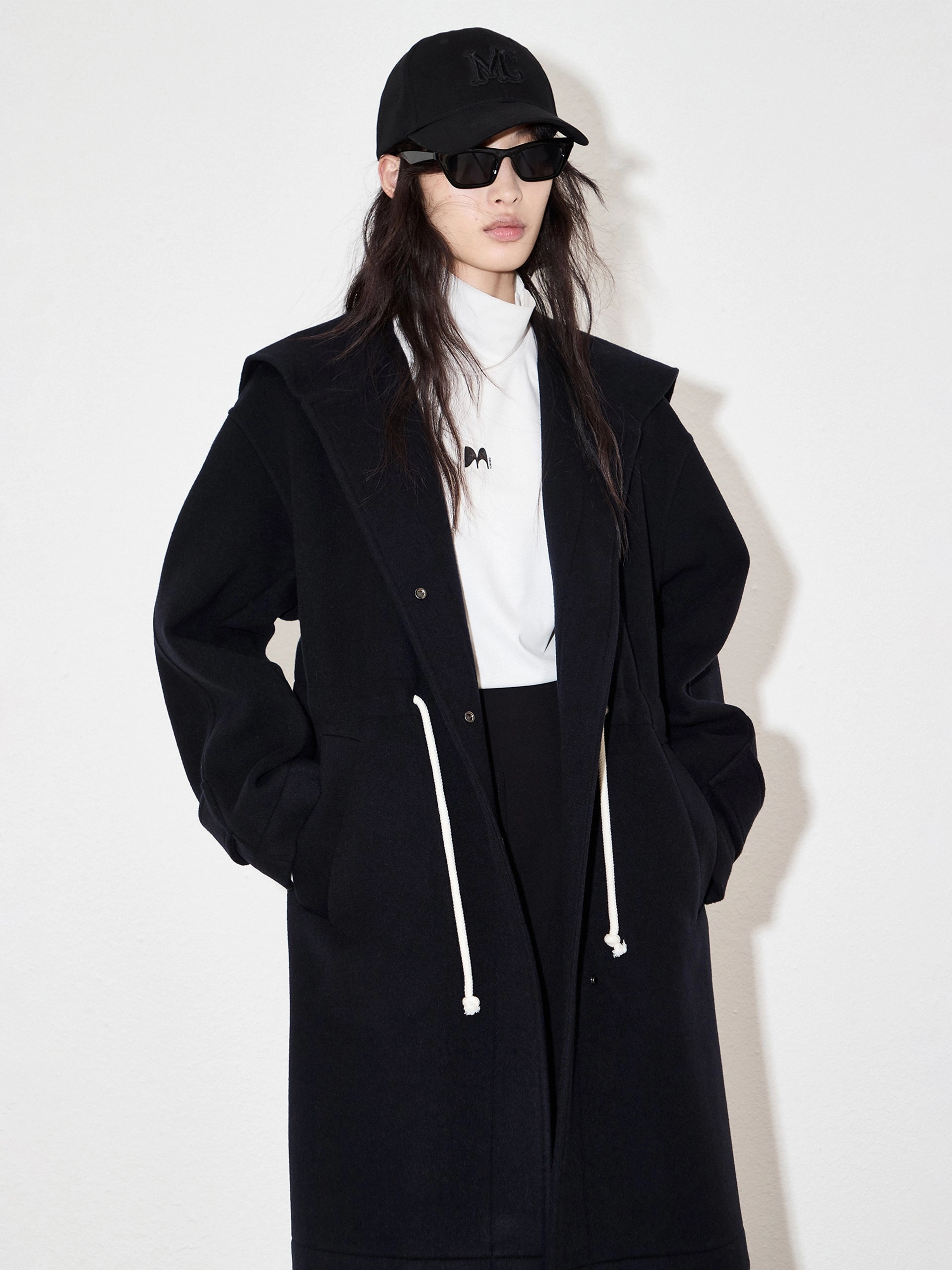 ContouredShoulderFit DurableOuterShell Wool Blend Drawstring Overcoat