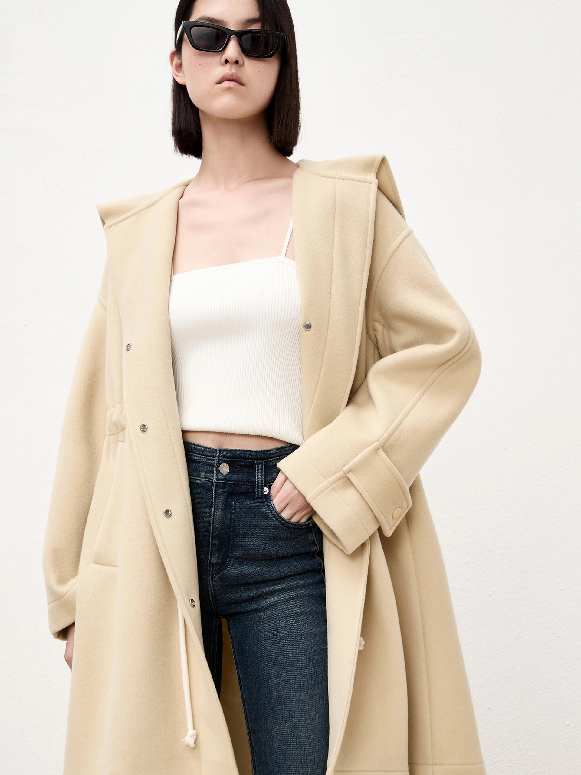 Wool Blend Drawstring Overcoat Anti Slip Cuffs