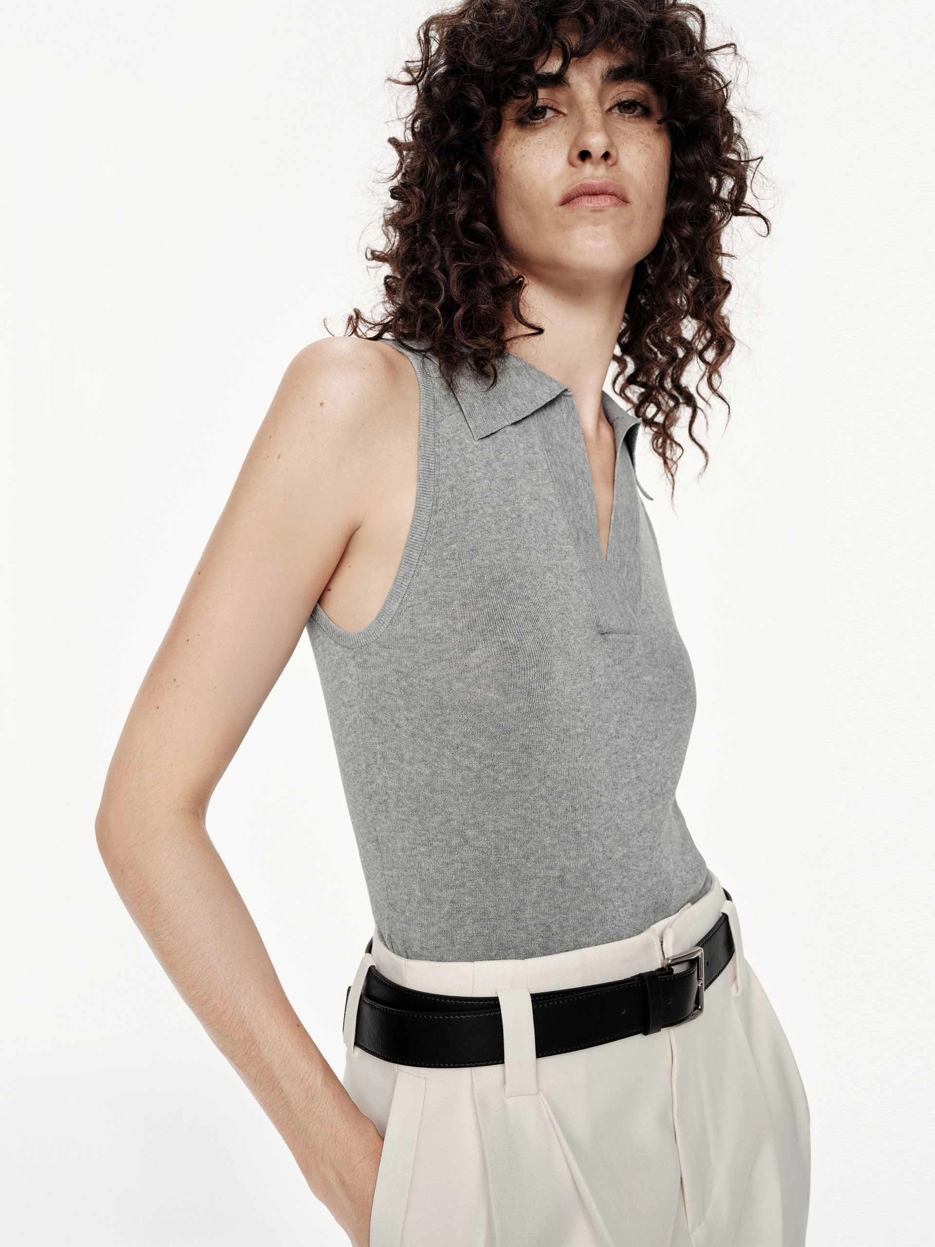 Sleeveless Polo Top Ribbed Trim