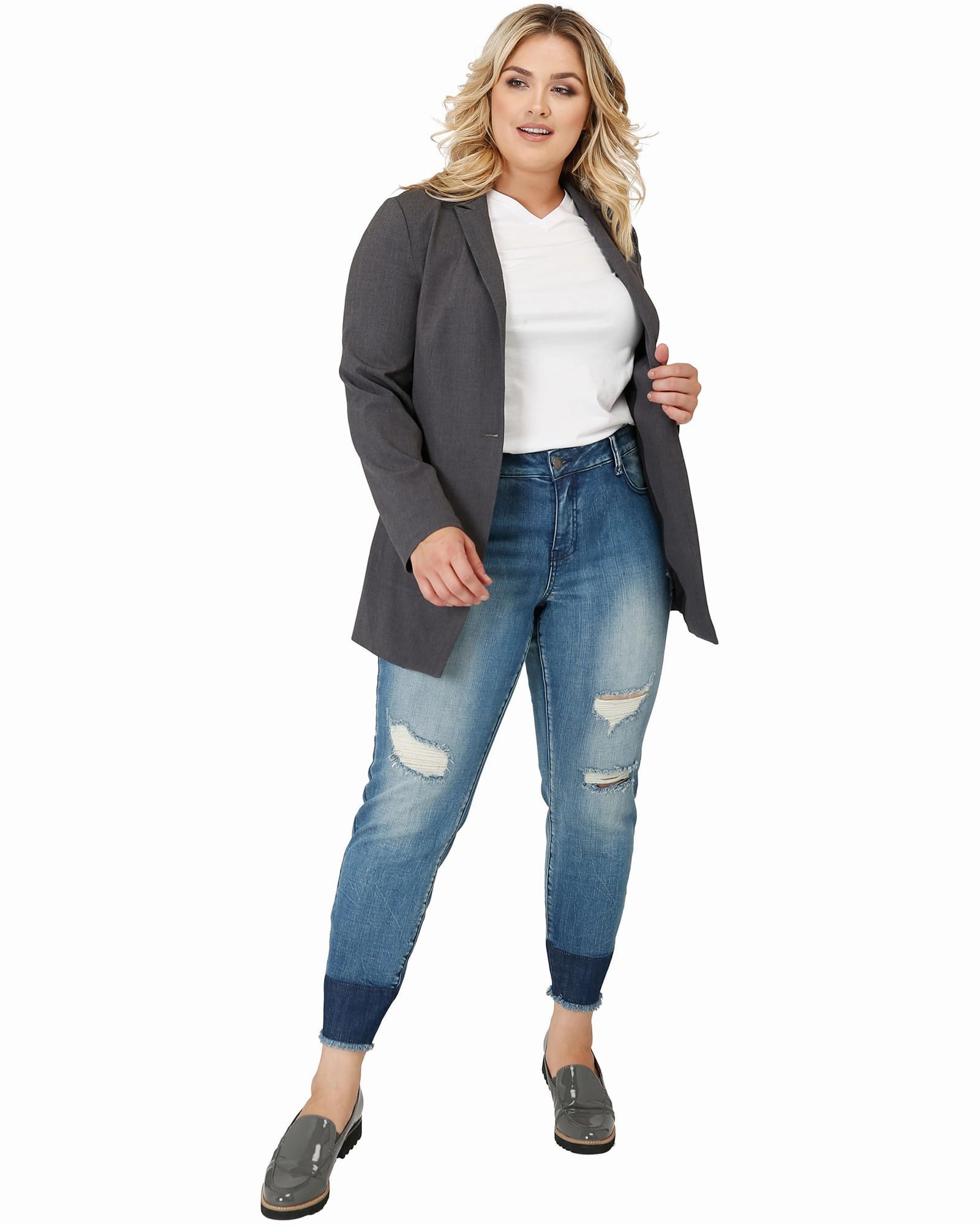 Kya Raw Hem Two Tone Skinny Crop Jeans | Blue Winter Warmth Professional Wear school wear