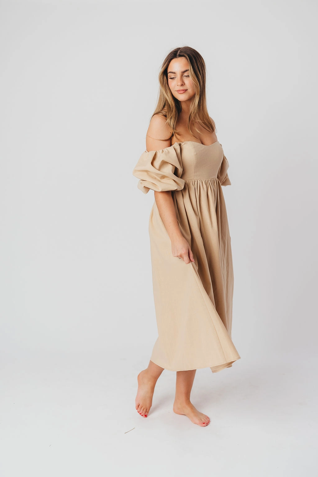 Sheer Overlay Lightweight-Layer Hamilton Midi Dress in Taupe - Bump Friendly (S-2XL) *Final-Sale*