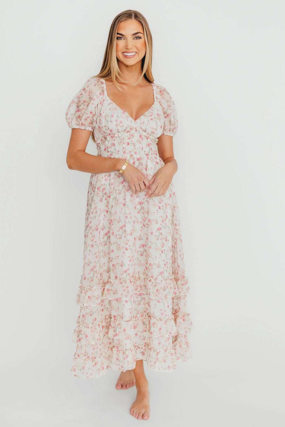 Danielle Corset Maxi Dress in White/Pink Floral *Final-Sale* Smooth-Finish