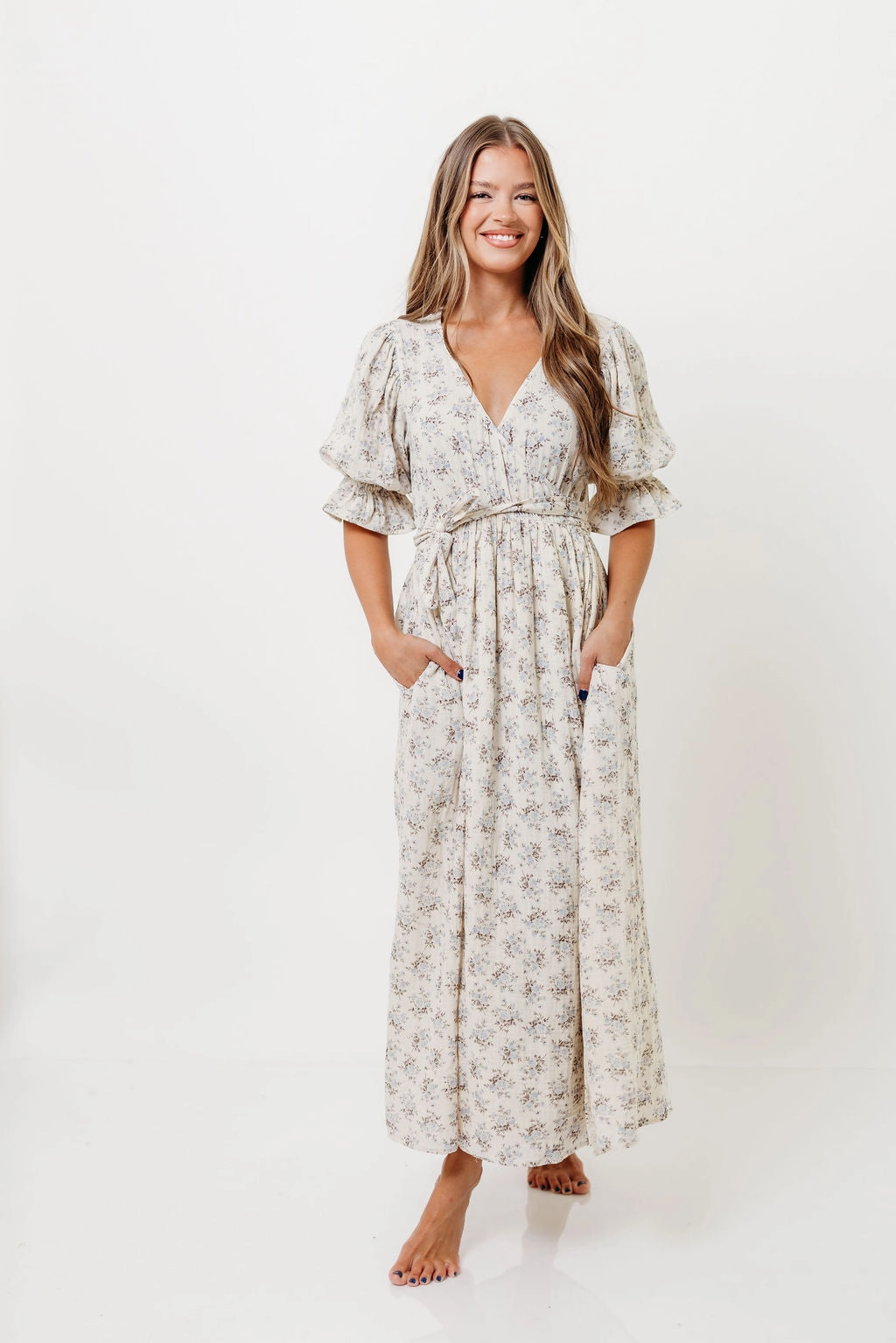 Fine Details The Ari 100% Cotton Maxi Dress in Blue/Brown - Maternity and Nursing Friendly *9/26 PRE-ORDER*