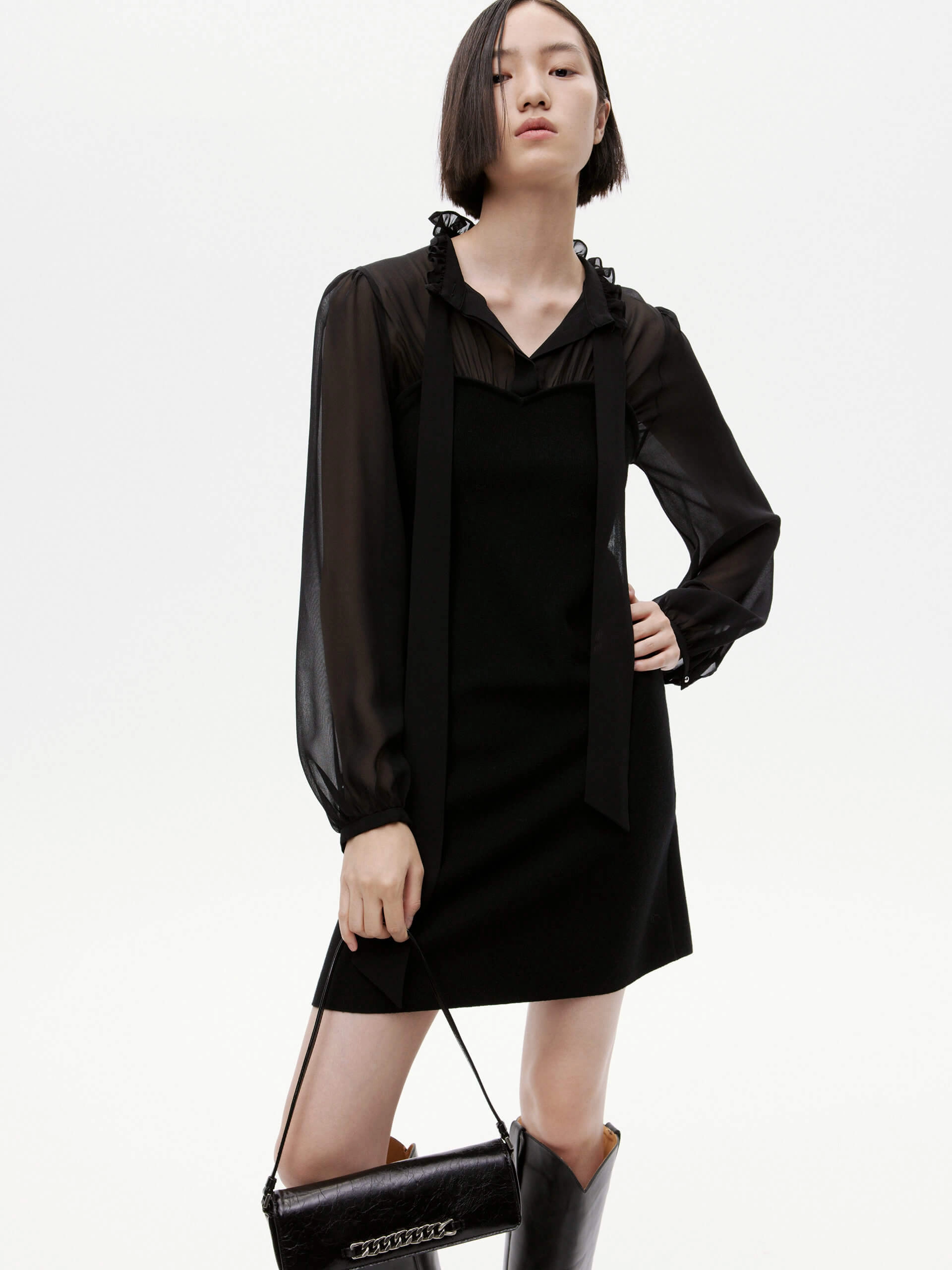 Timeless Beauty Natural Form Ruffled Collar Silk Dress