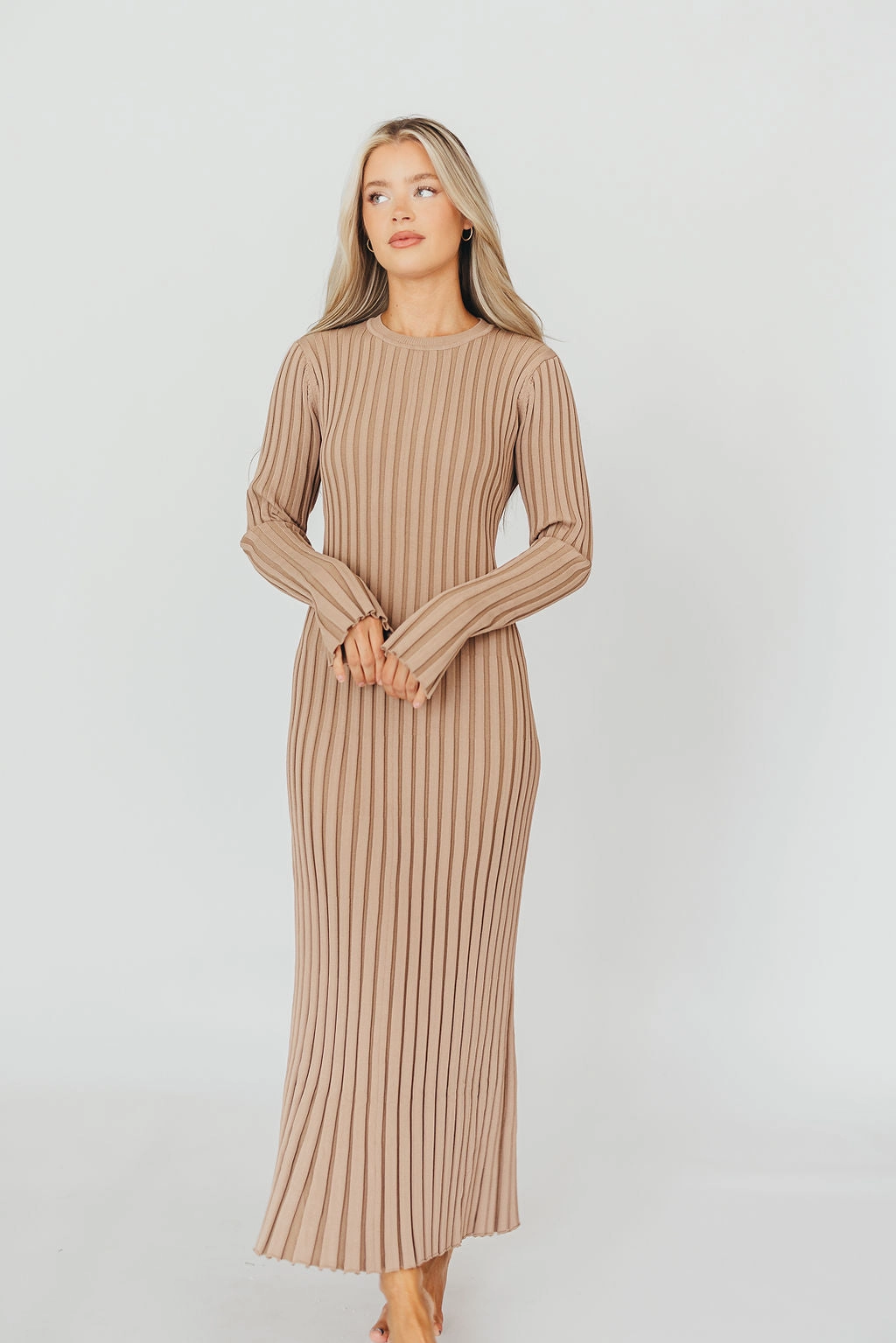 Colette Premium Long Sleeved Ribbed Knit Maxi Dress in Dark Natural - Bump Friendly Smooth Feel FoldablePackaging