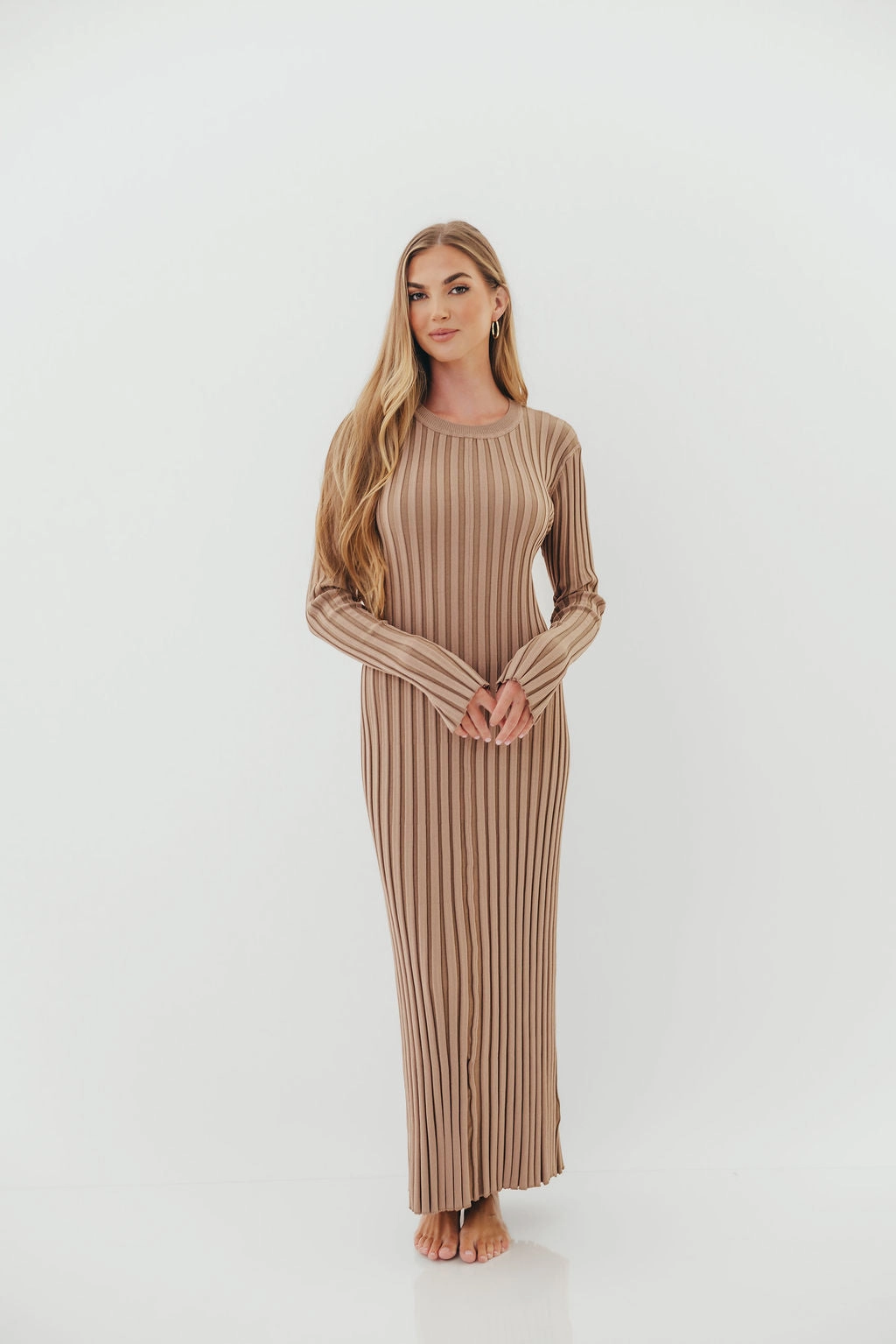 All-Purpose Comfort Colette Premium Long Sleeved Ribbed Knit Maxi Dress in Dark Natural - Bump Friendly