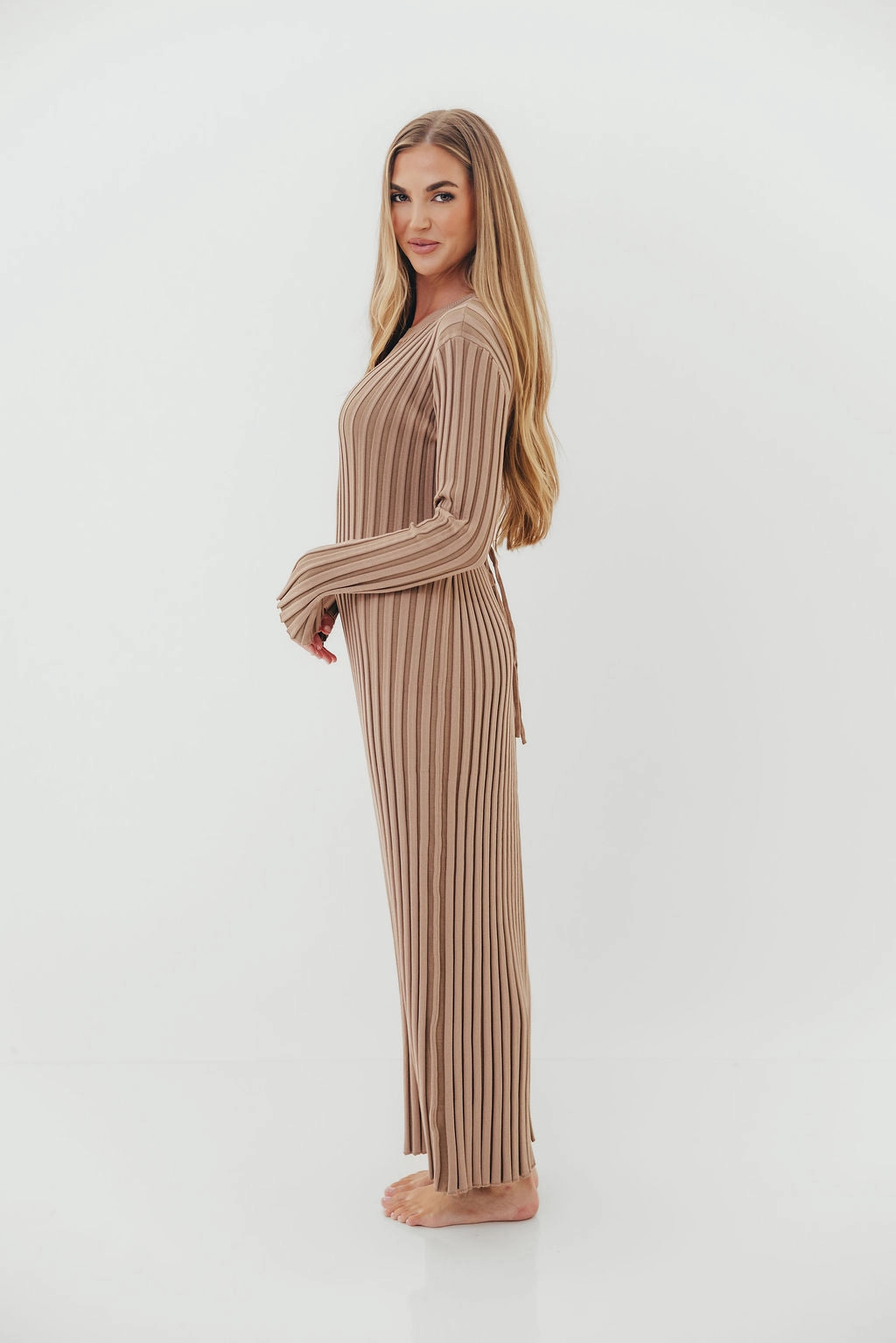 Colette Premium Long Sleeved Ribbed Knit Maxi Dress in Dark Natural - Bump Friendly Polished Design Flattering Shape