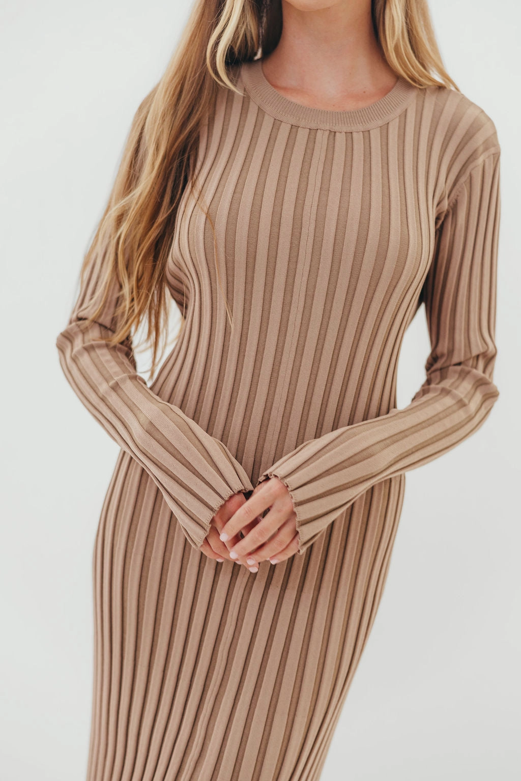 Colette Premium Long Sleeved Ribbed Knit Maxi Dress in Dark Natural - Bump Friendly Chic Ensemble Understated Glam