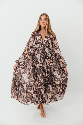 Refined Presence Eve Floral Print Button Front Duster Maxi With Detachable Slip in Brown Multi - Bump Friendly