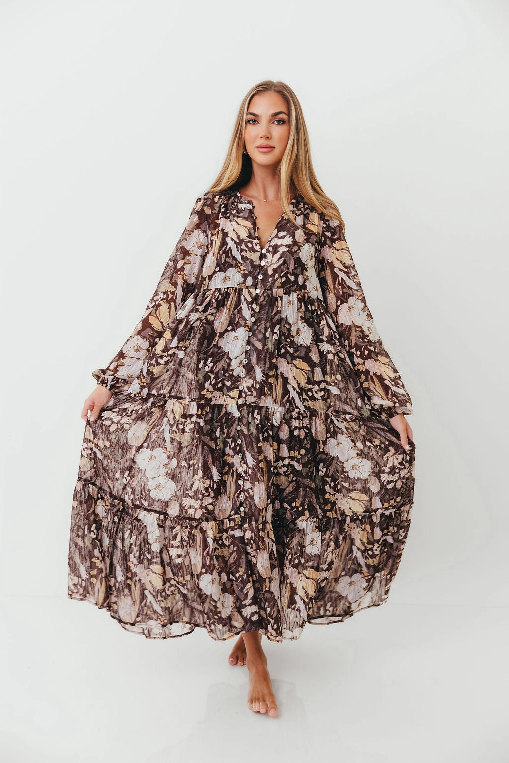 Refined Presence Eve Floral Print Button Front Duster Maxi With Detachable Slip in Brown Multi - Bump Friendly