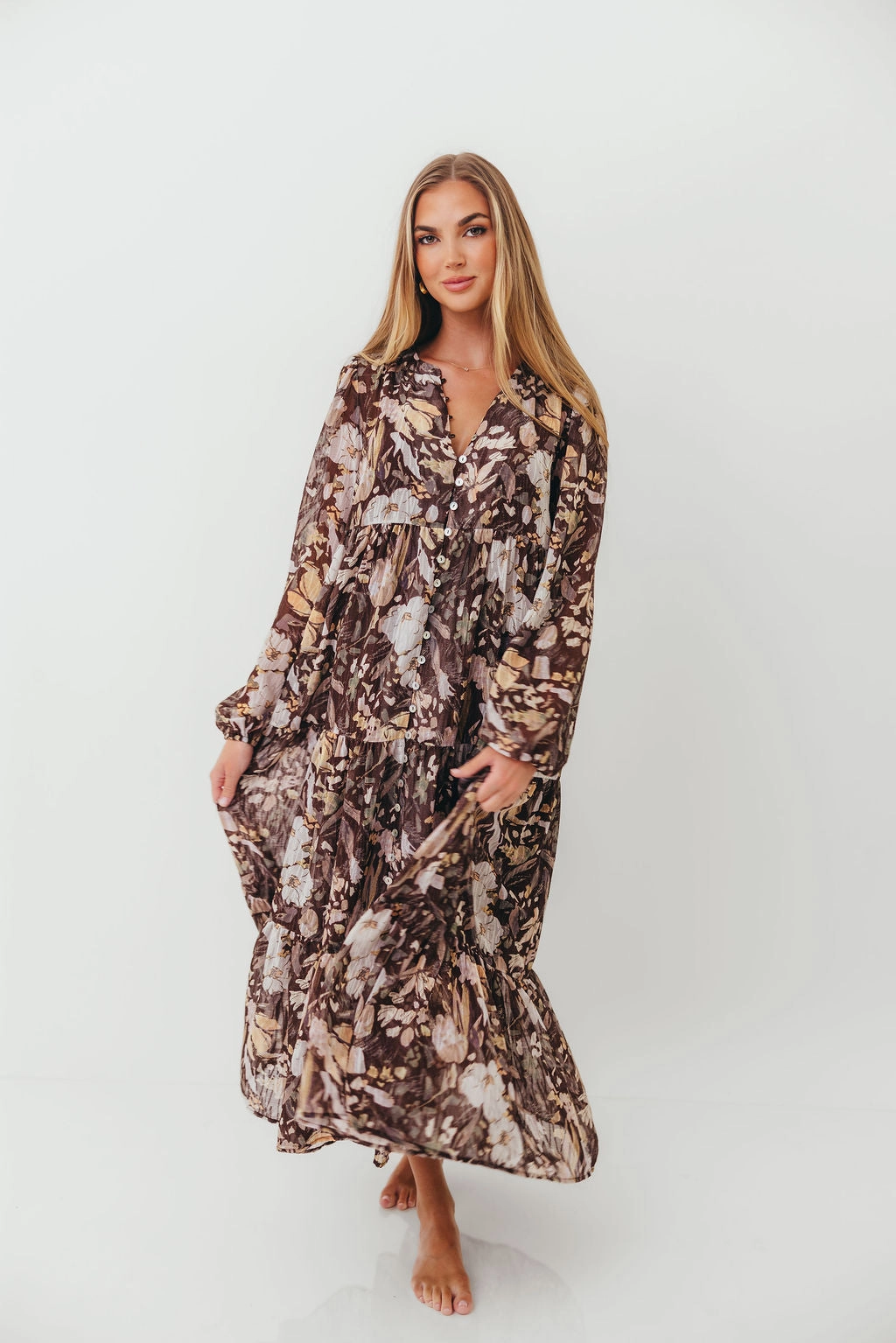 Fitted waist Eve Floral Print Button Front Duster Maxi With Detachable Slip in Brown Multi - Bump Friendly