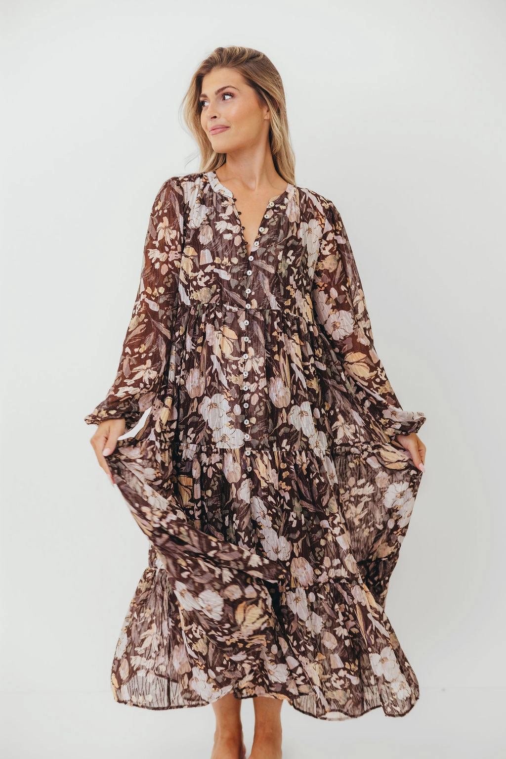 Shape Retention Eve Floral Print Button Front Duster Maxi With Detachable Slip in Brown Multi - Bump Friendly
