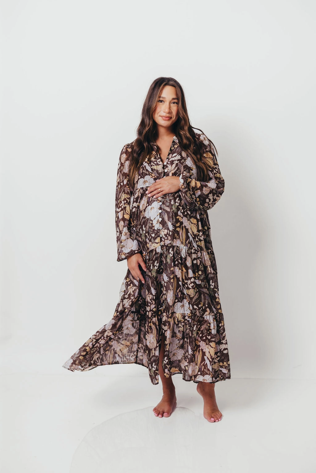 Comfort and Elegance Eve Floral Print Button Front Duster Maxi With Detachable Slip in Brown Multi - Bump Friendly