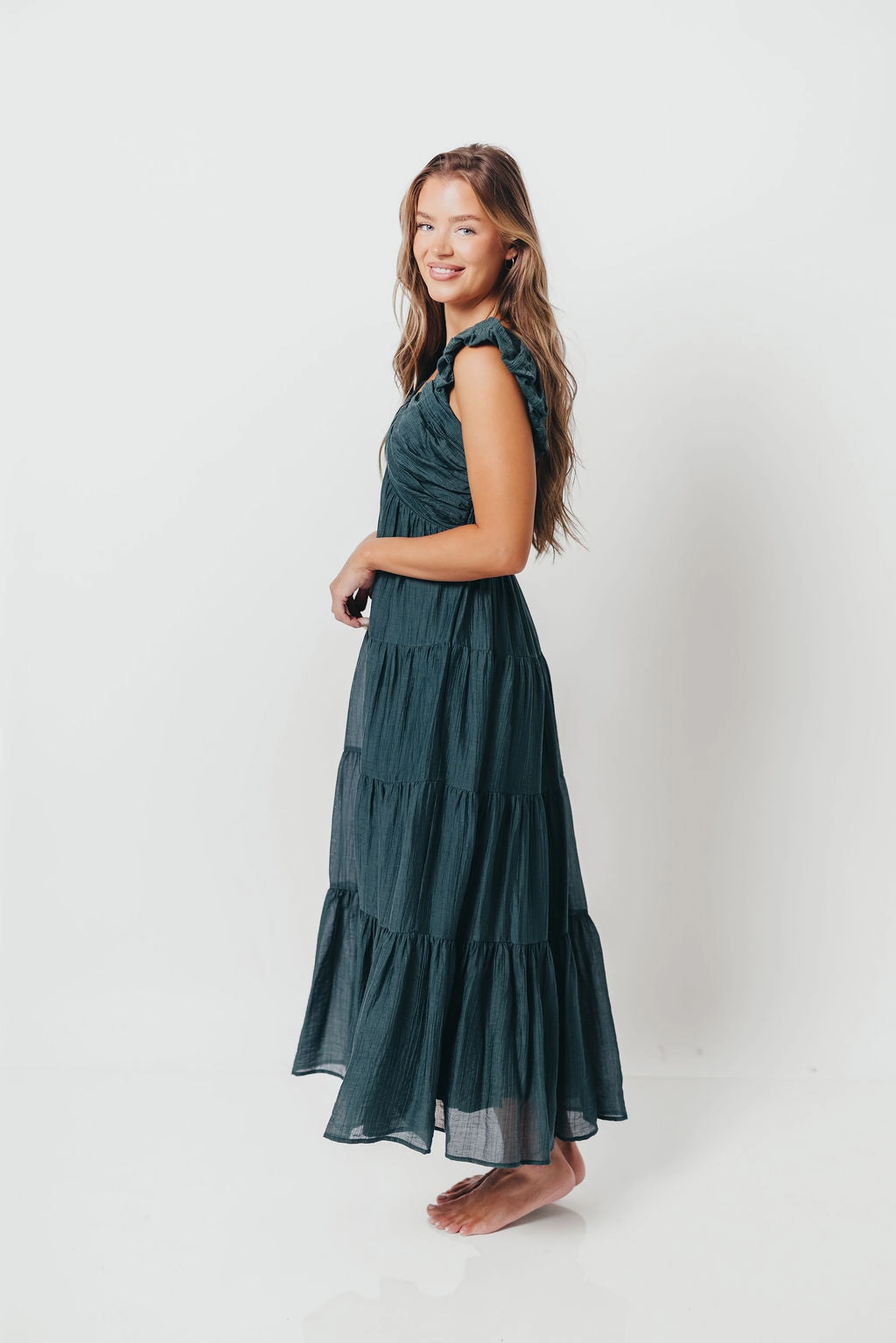 Katy Pleated Bodice Maxi Dress in Deep Teal - Bump Friendly Clean Edge Satin Fabric