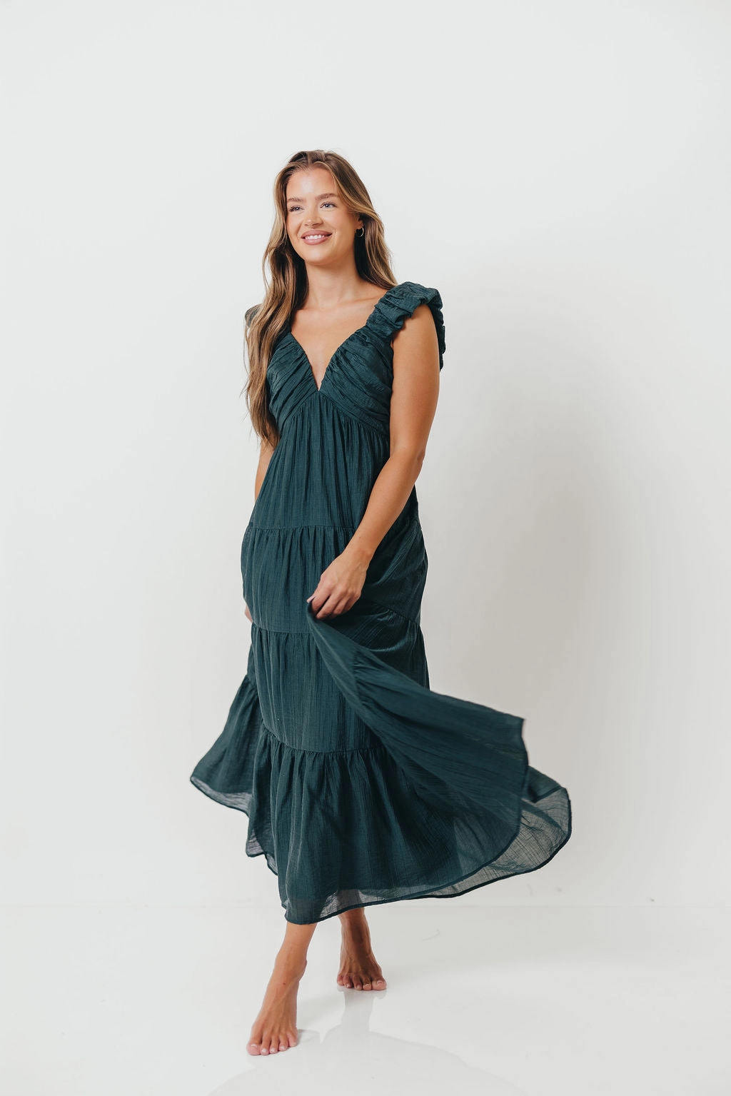 Seasonal Layering Katy Pleated Bodice Maxi Dress in Deep Teal - Bump Friendly