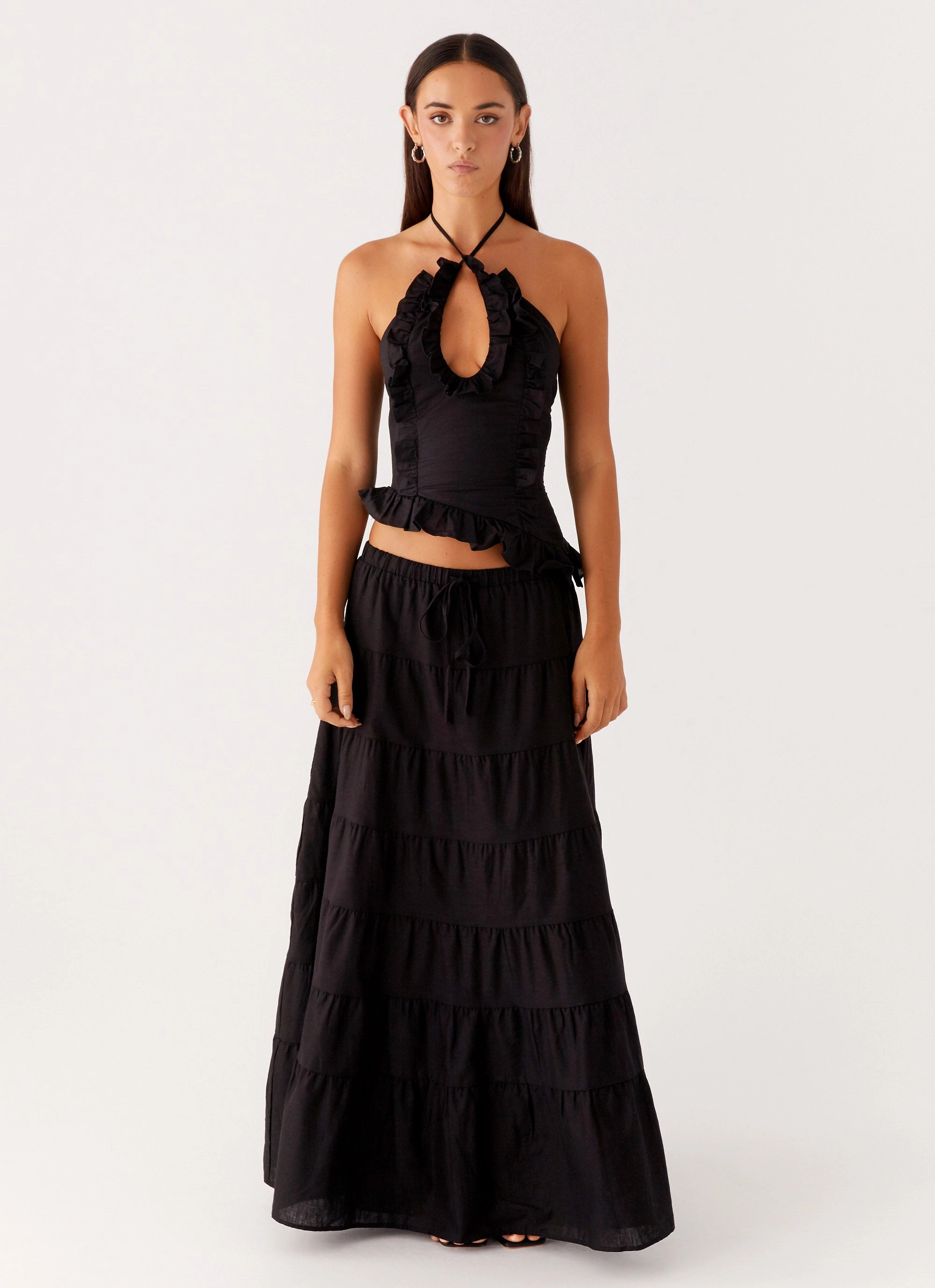 Mariella Linen Maxi Skirt - Black Laser Cut Edges Airy Feel