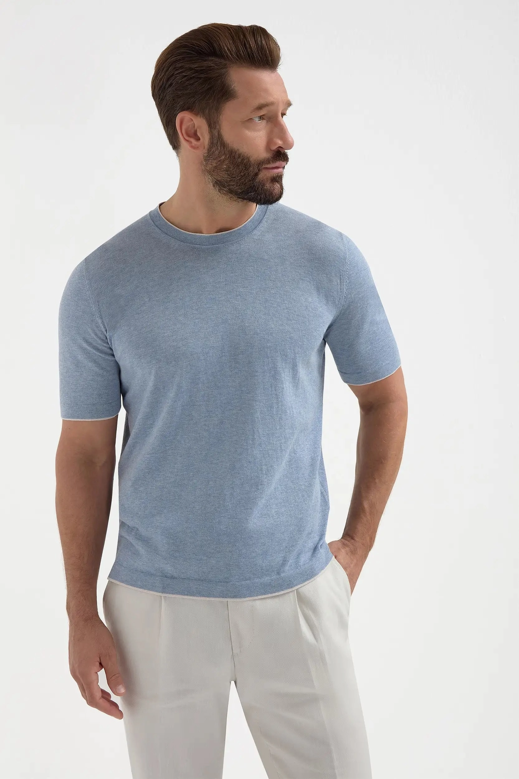 Airflow Channel Weave Dusty blue knitted t-shirt - Made in Italy