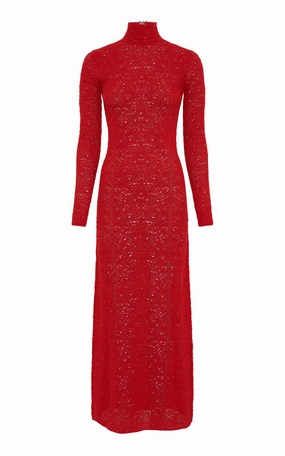 Lethe Pointelle Knit Maxi Dress in Scarlet Red Virgin Wool Silk Clean Silhouette Sustainable Fibers