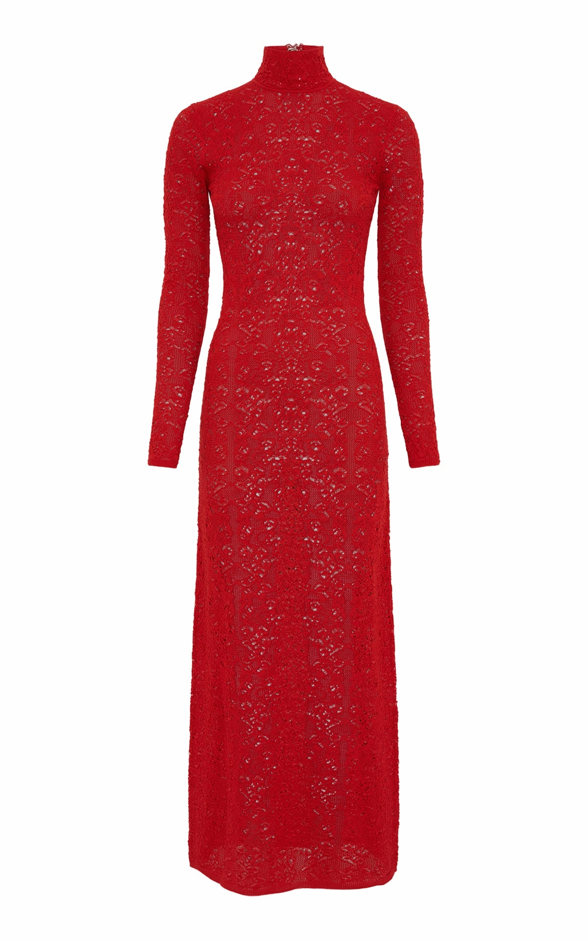 Lethe Pointelle Knit Maxi Dress in Scarlet Red Virgin Wool Silk Clean Silhouette Sustainable Fibers
