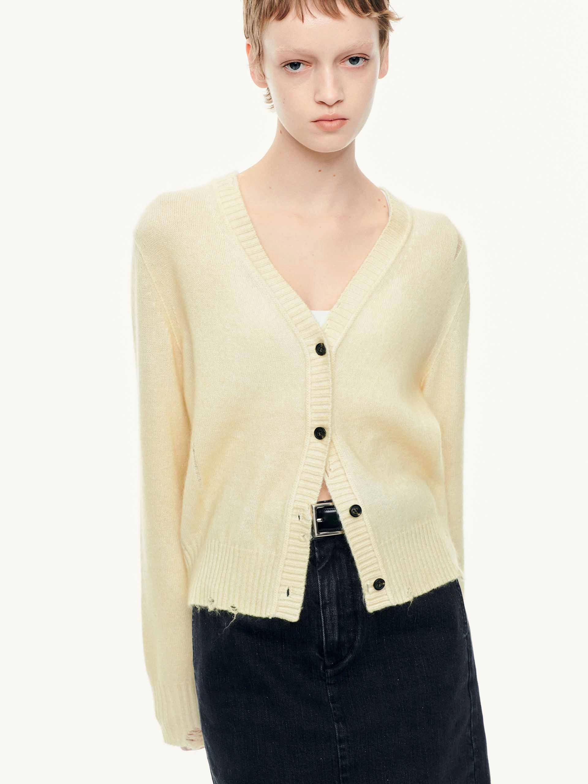 V-neck Ripped Cardigan Abrasion Resistant Yarn