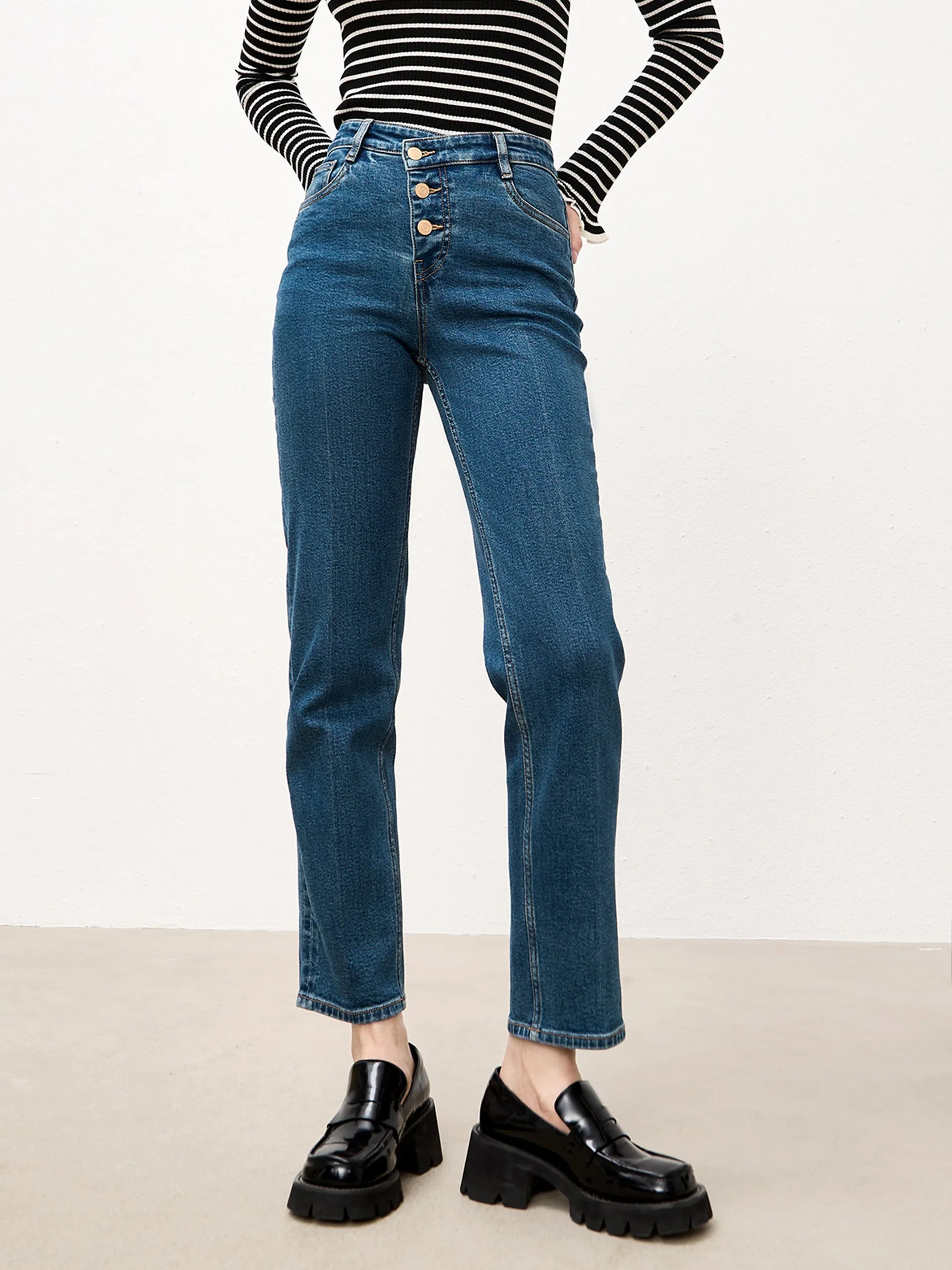 Quality Basic Sleek Waist Design Straight High Waist Jeans