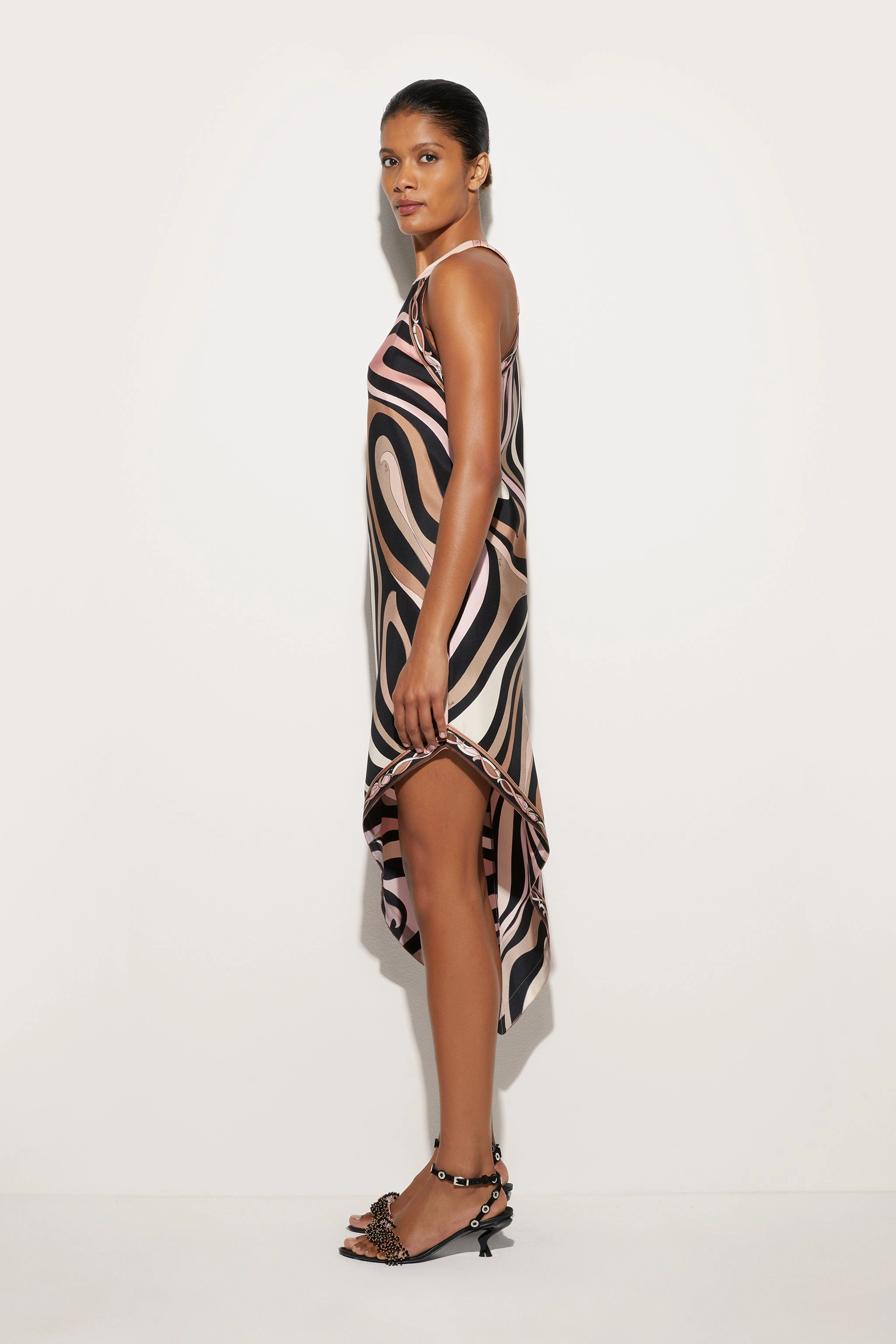 Cool Elegance Marmo Print Asymmetrical Silk Twill Dress