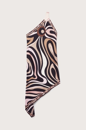 Flowy Texture Refined Simplicity Marmo Print Asymmetrical Silk Twill Dress