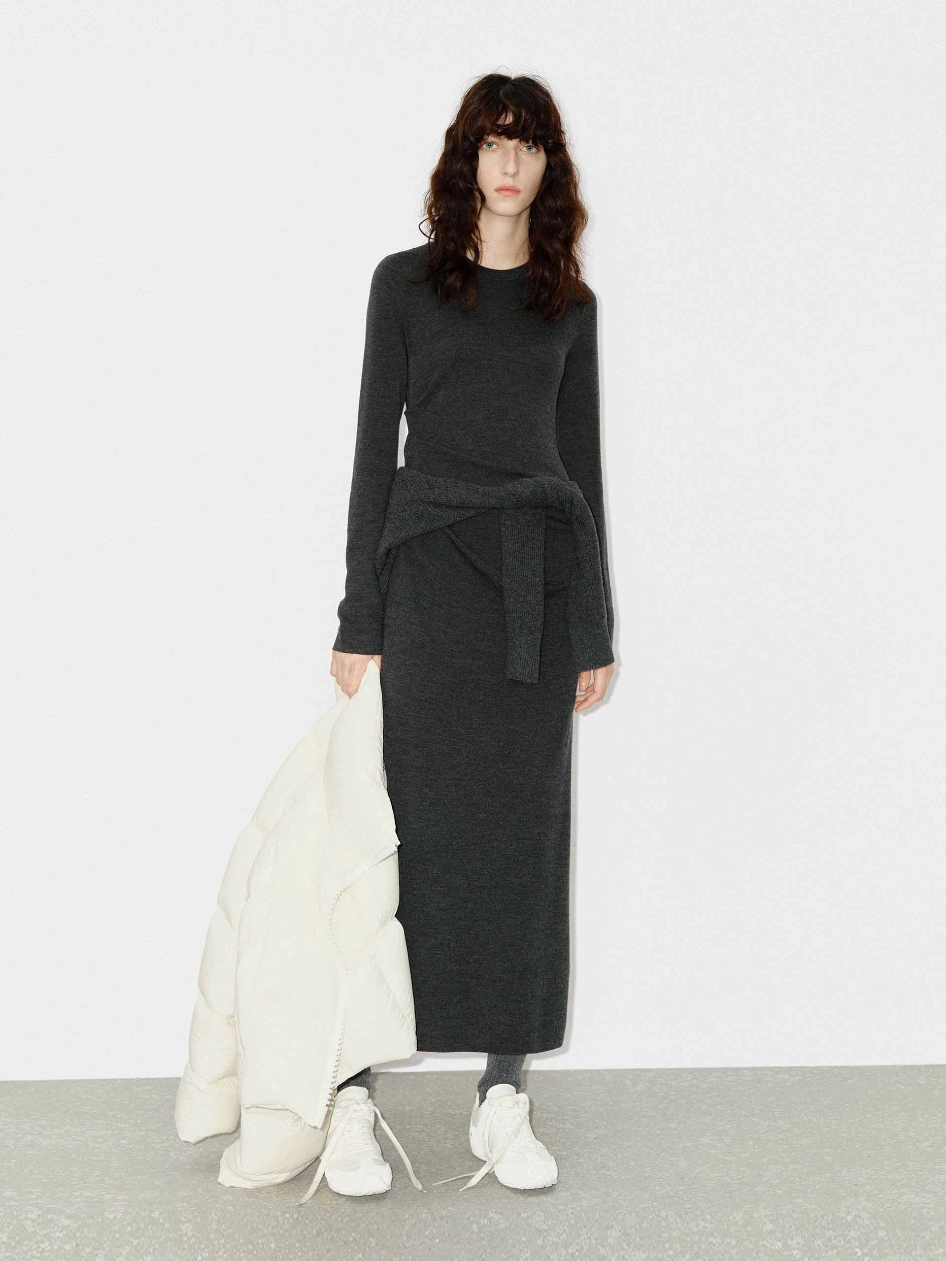 Breath Soft Quilted-Lining Midi Length Wool Dress