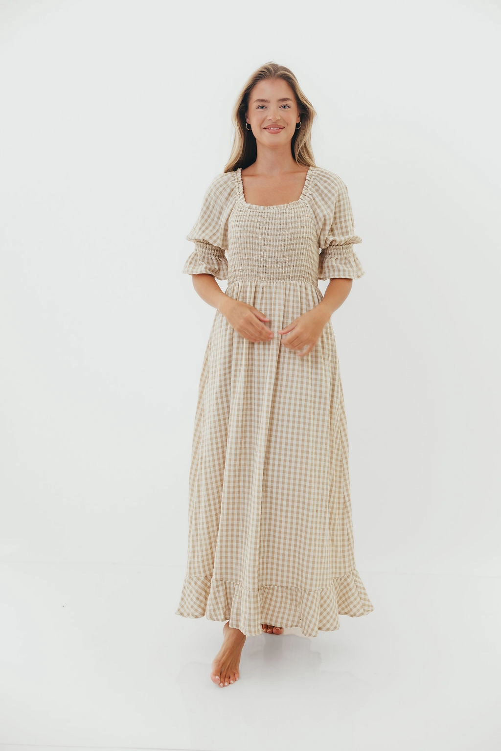 Sienna 100% Cotton Puff Sleeve Maxi Dress in Natural - Bump Friendly Spring Flow Comfy Style