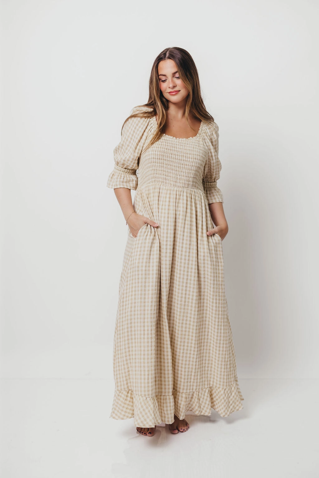 Casual Comfort Side-Zip Sienna 100% Cotton Puff Sleeve Maxi Dress in Natural - Bump Friendly