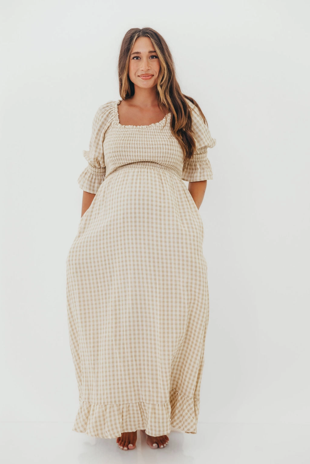 Pose Glow Sienna 100% Cotton Puff Sleeve Maxi Dress in Natural - Bump Friendly