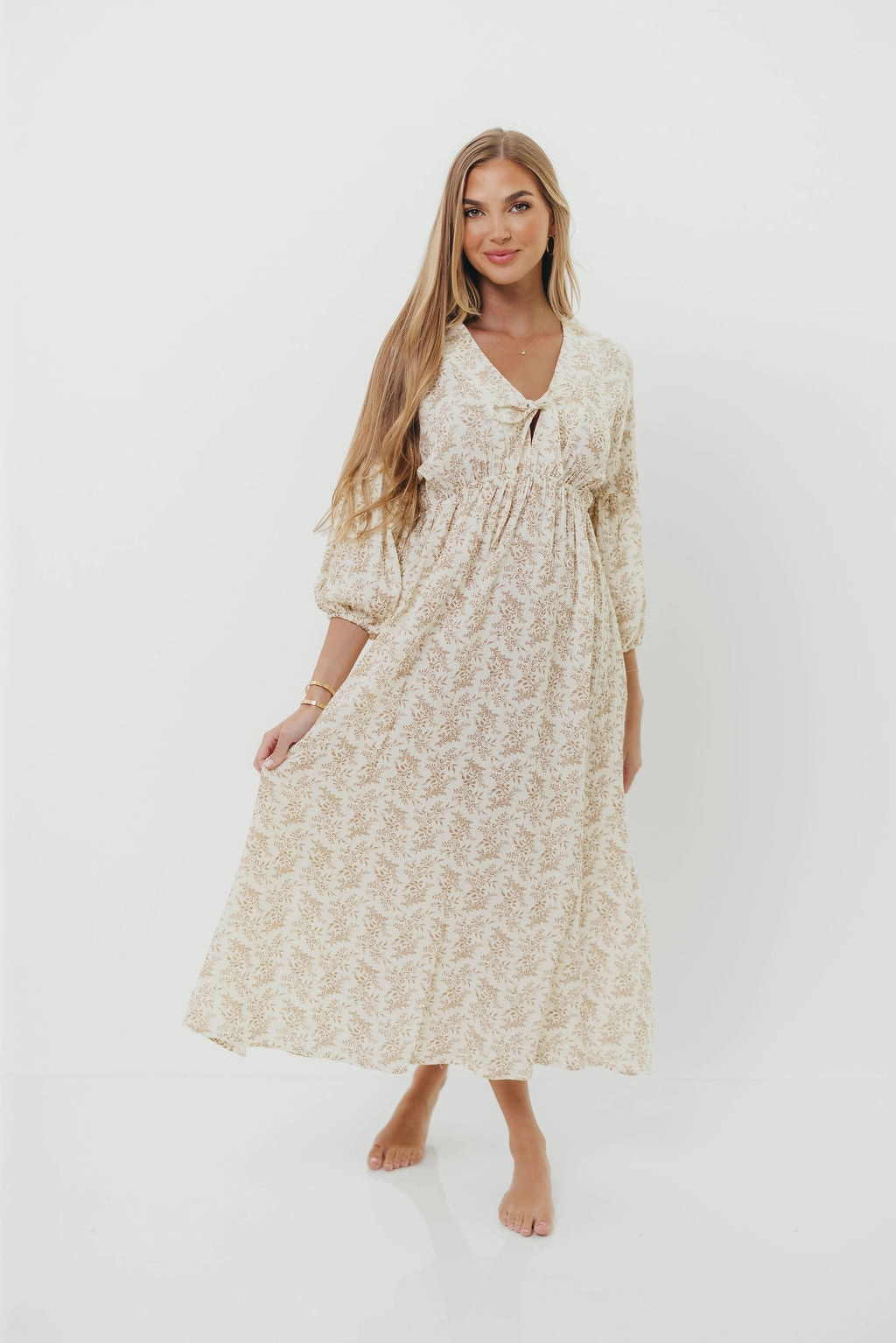 Hunter 100% Cotton Gauze Midi Dress in Natural/Tan Floral - Bump Friendly Moment Soft Flattering Lines